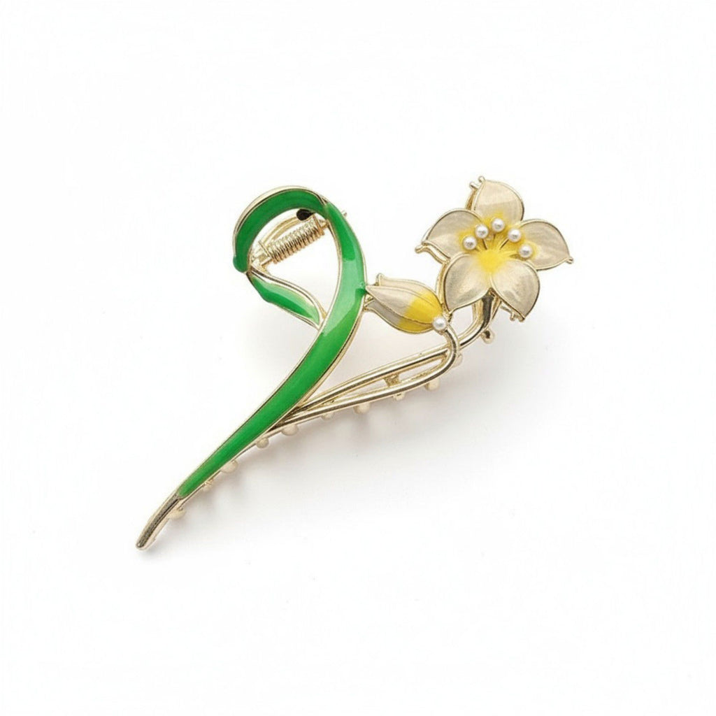 Tulip Flower Metal Hair Claw Clip with Enamel Petal and Leaf Detailing