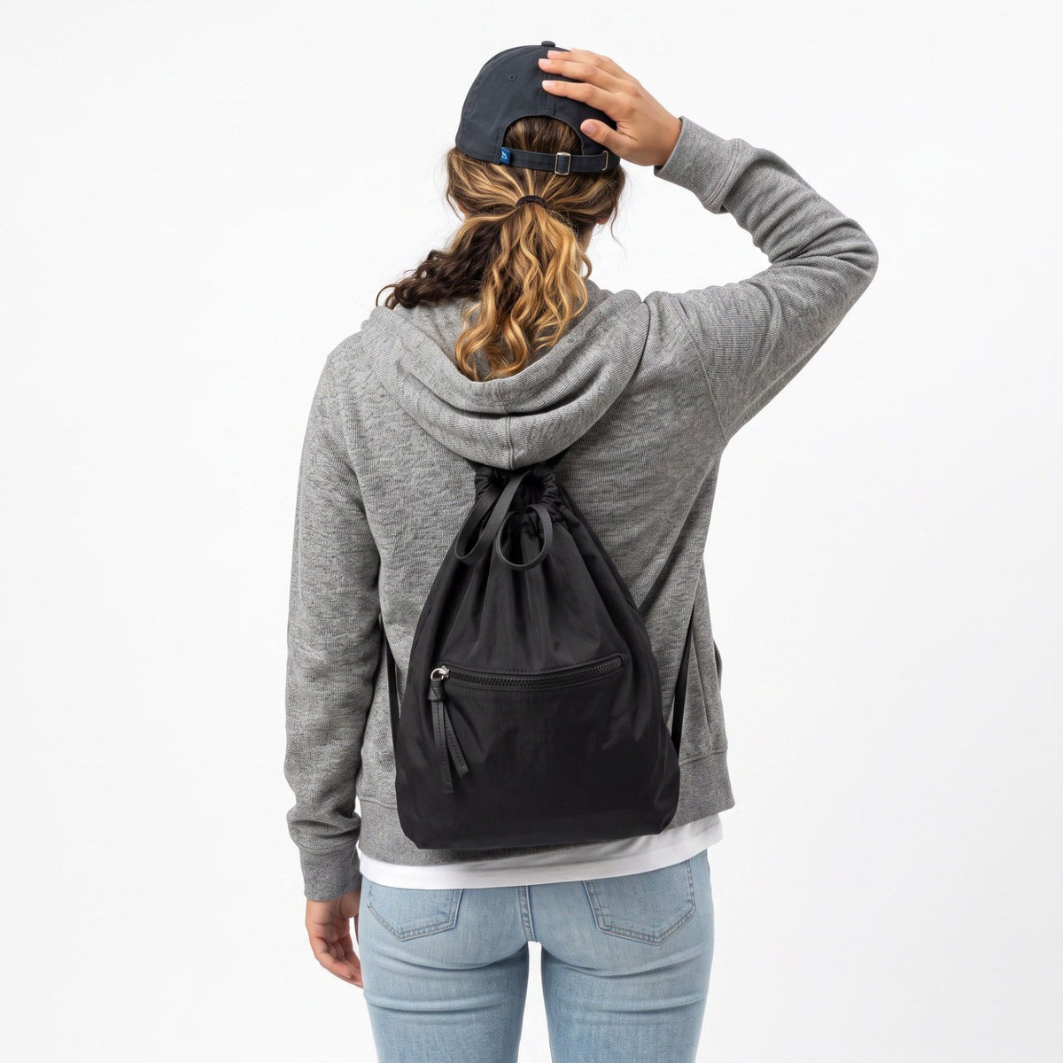 Drawstring Backpack with Front Zip Pocket Lightweight Casual Cinch Bag