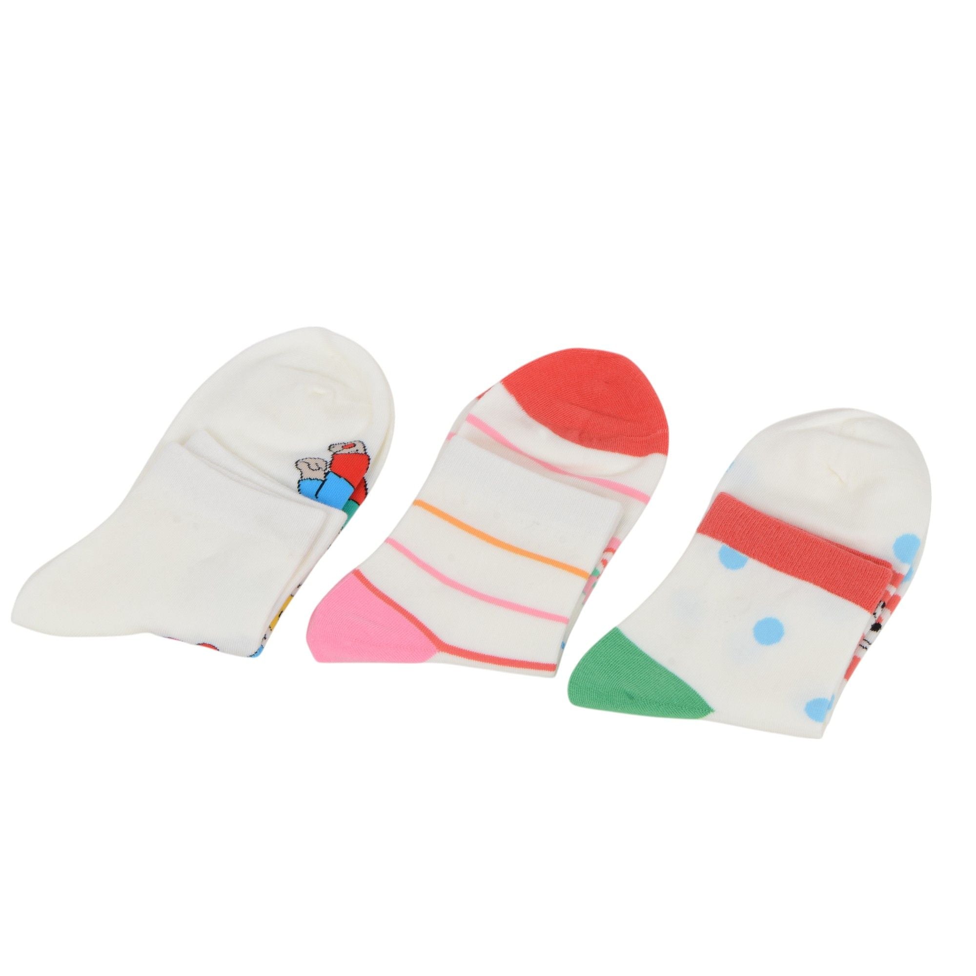 Anna-Kaci Renaissance Women 3-Pair Ankle Socks Set Assorted Patterns Featuring Colorblock, Cartoon Characters, and Butterfly Prints