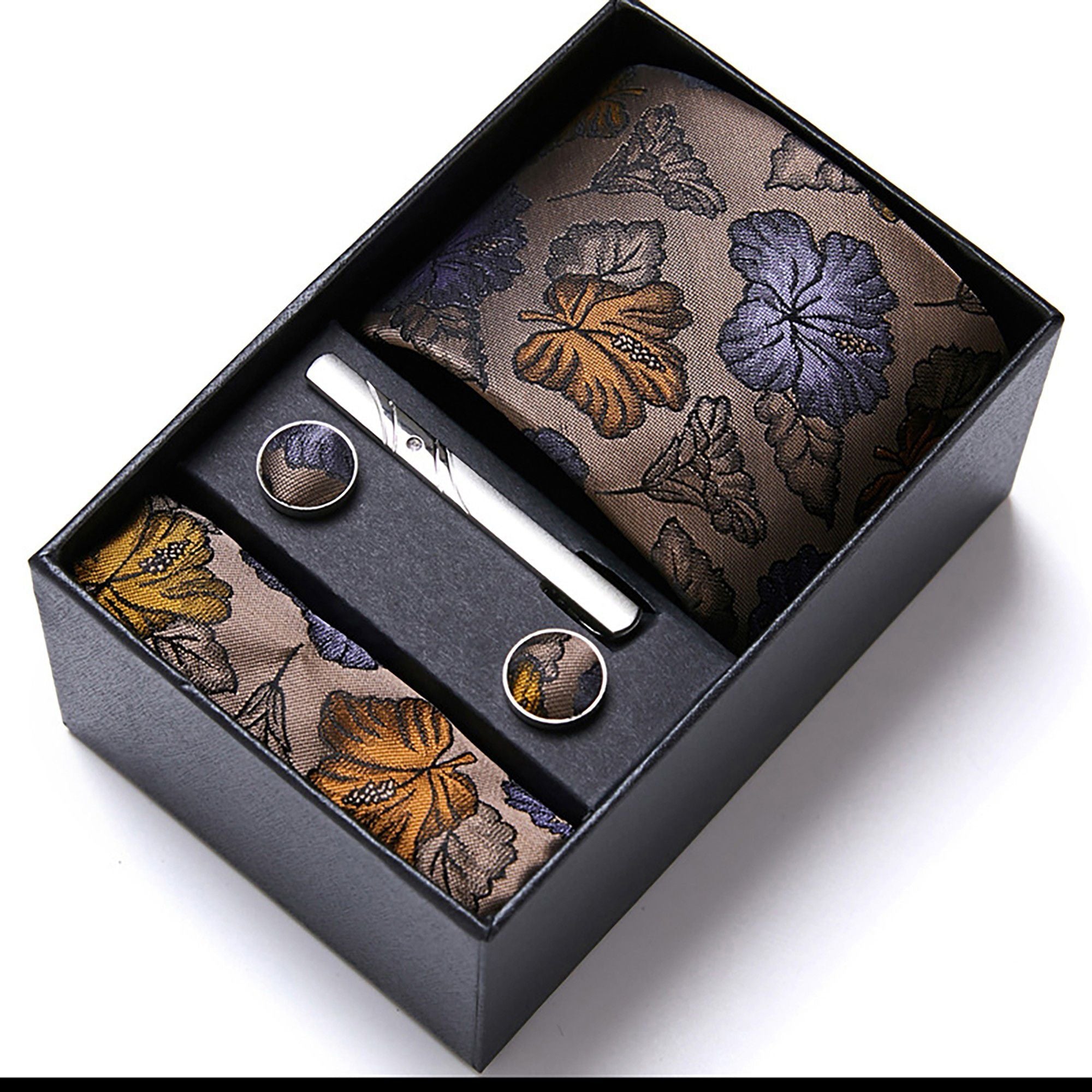 Men's Floral Pattern Tie Gift Set with Matching Pocket Square Cufflinks and Silver Tie Clip