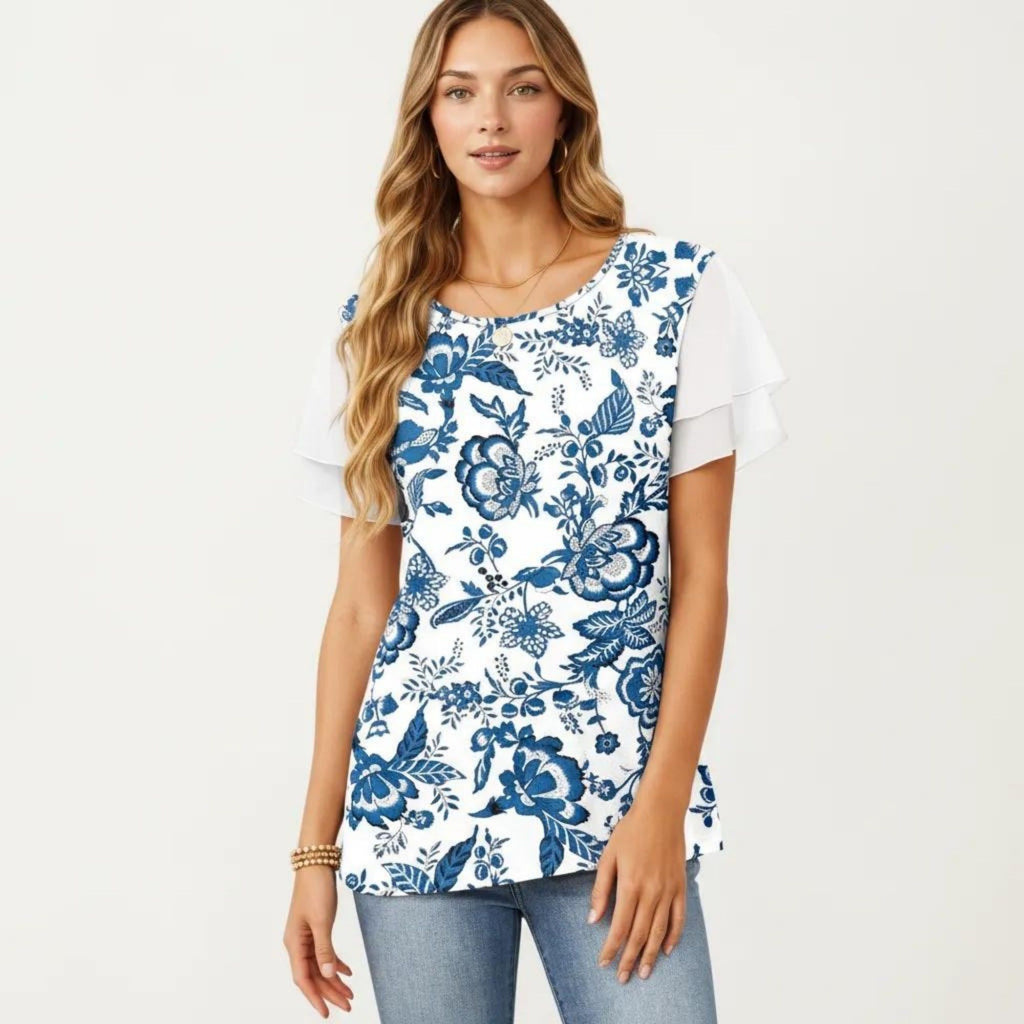 Anna-Kaci Women's Short Sleeve Top with Leopard Print Mesh Sleeves Round Neck Relaxed Fit Casual Shirt