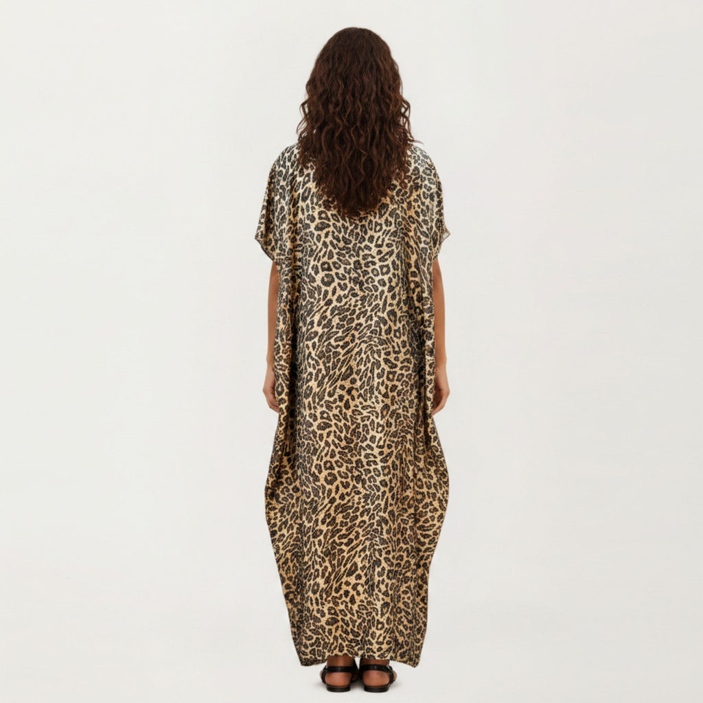 Anna-Kaci Women's Abstract Print Maxi Kaftan Dress with Contrast Trim and Relaxed Flowy Silhouette
