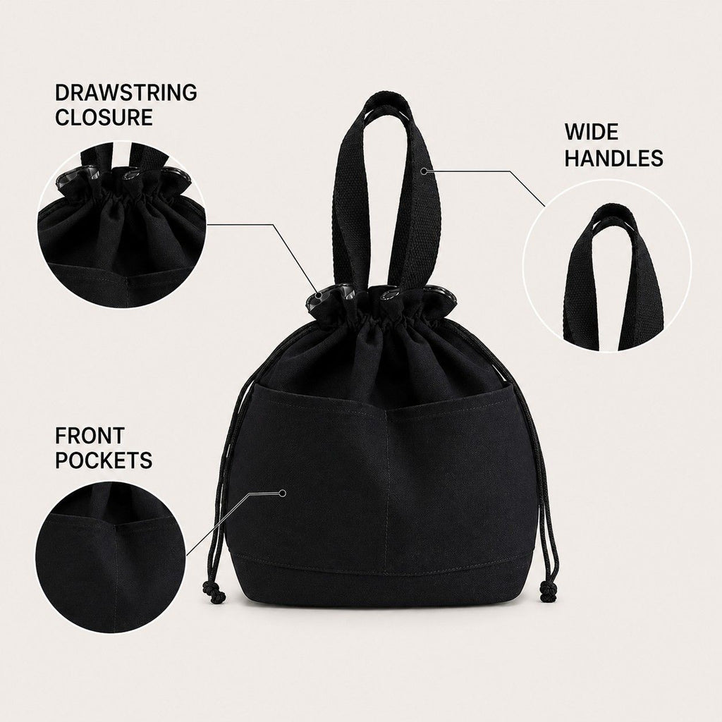 Insulated Drawstring Lunch Bag with Front Pockets Reusable Lunch Tote