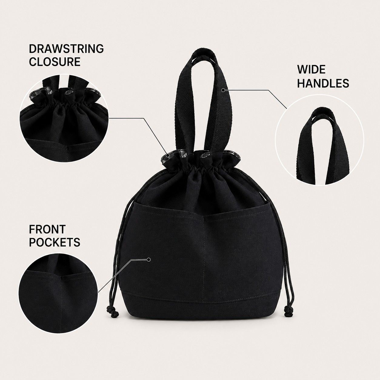 Insulated Drawstring Lunch Bag with Front Pockets Reusable Lunch Tote