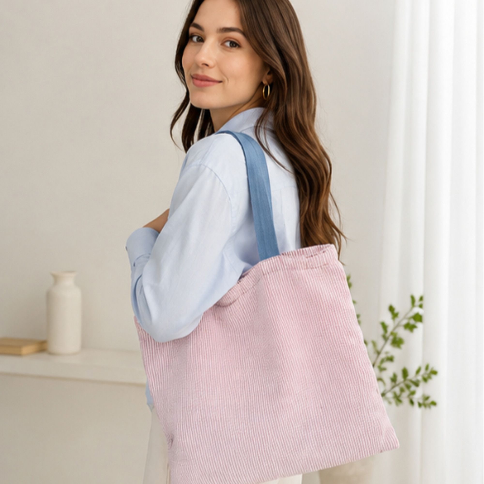 Striped Canvas Tote Bag Colorblock Large Capacity Shoulder Bag