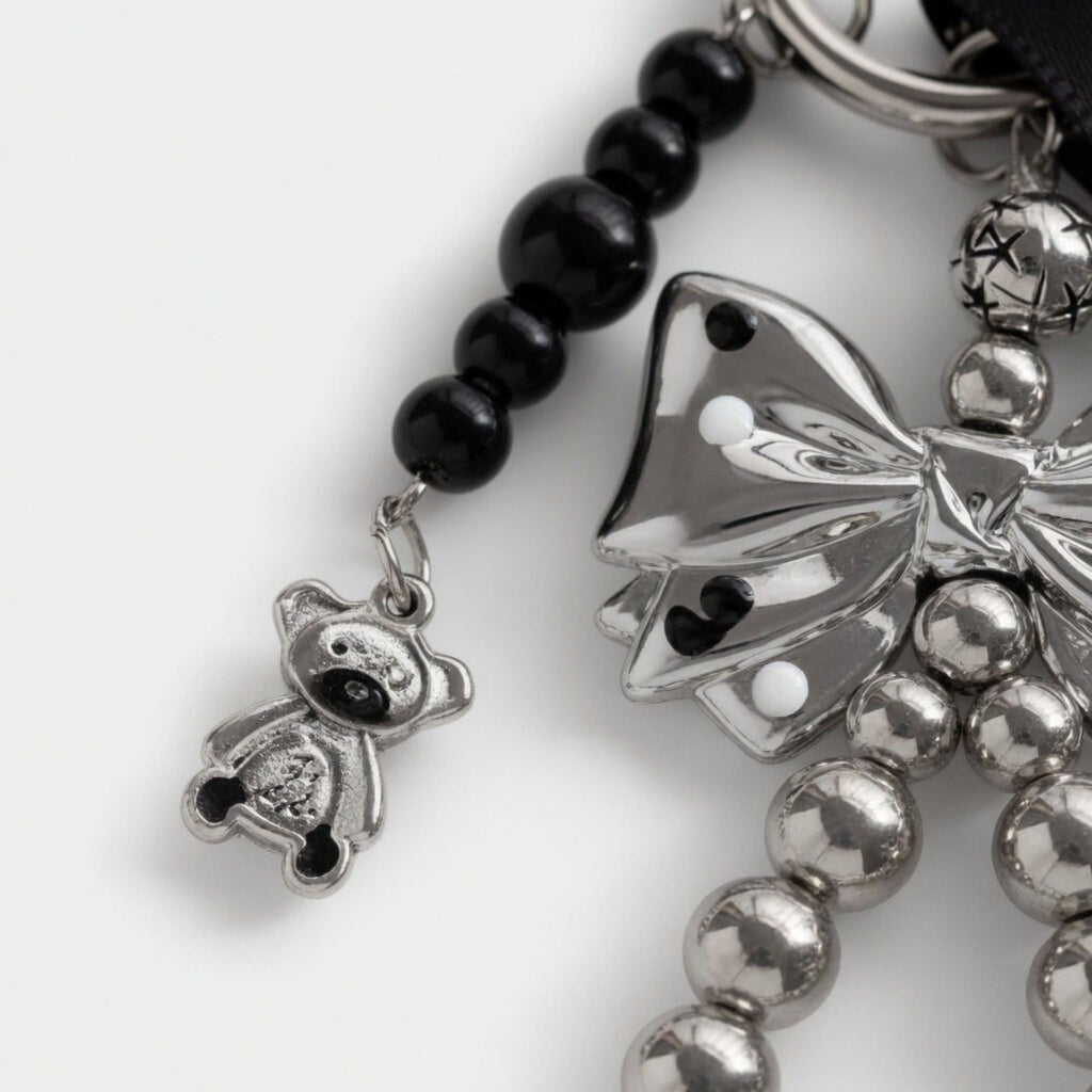 Bow Beaded Charm Keychain with Star Chain Teddy Bear Pendant Ribbon Tassel Bag Charm Key Ring Accessory