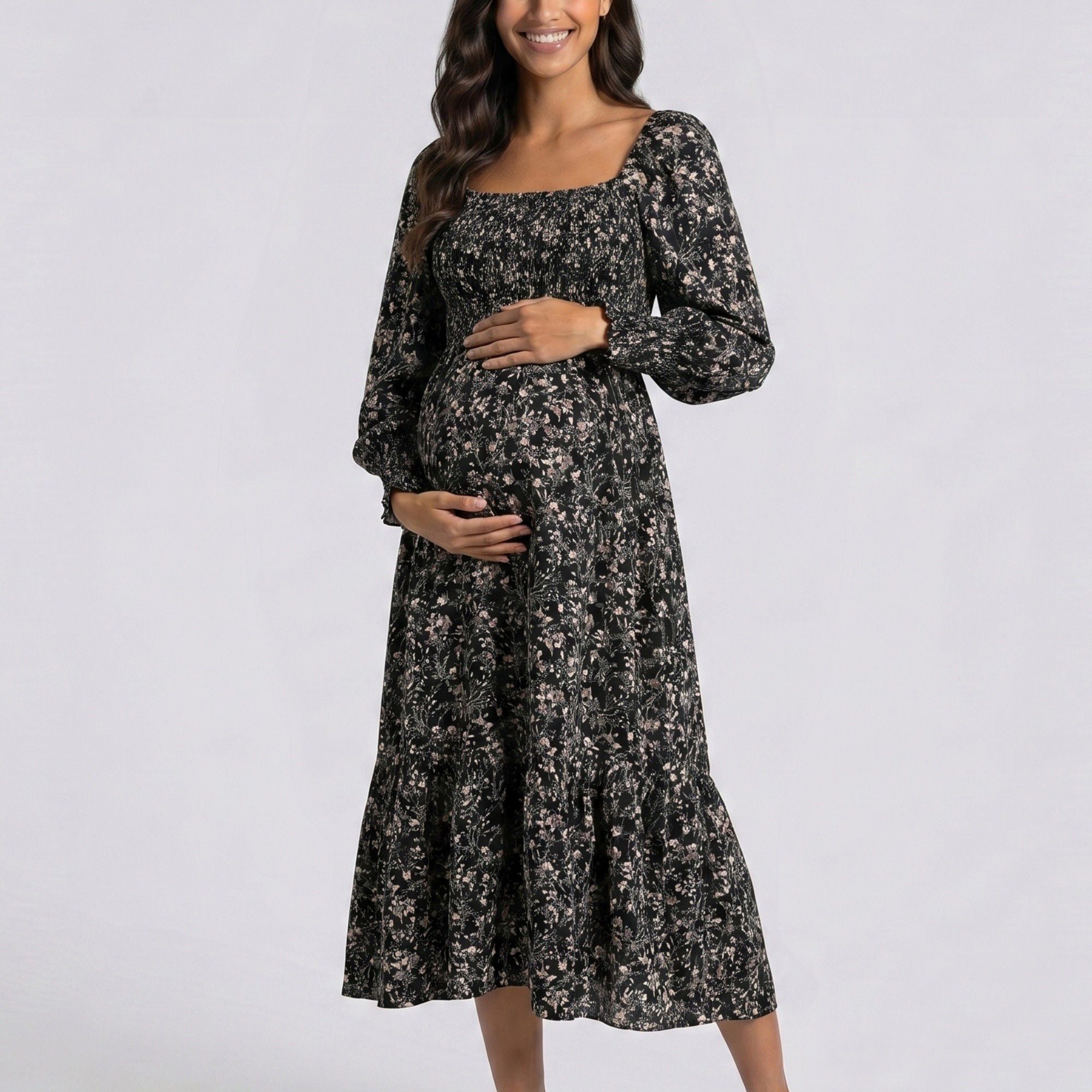 Anna-Kaci Women's Maternity Floral Square Neck Midi Dress with Long Sleeves and Smocked Bodice