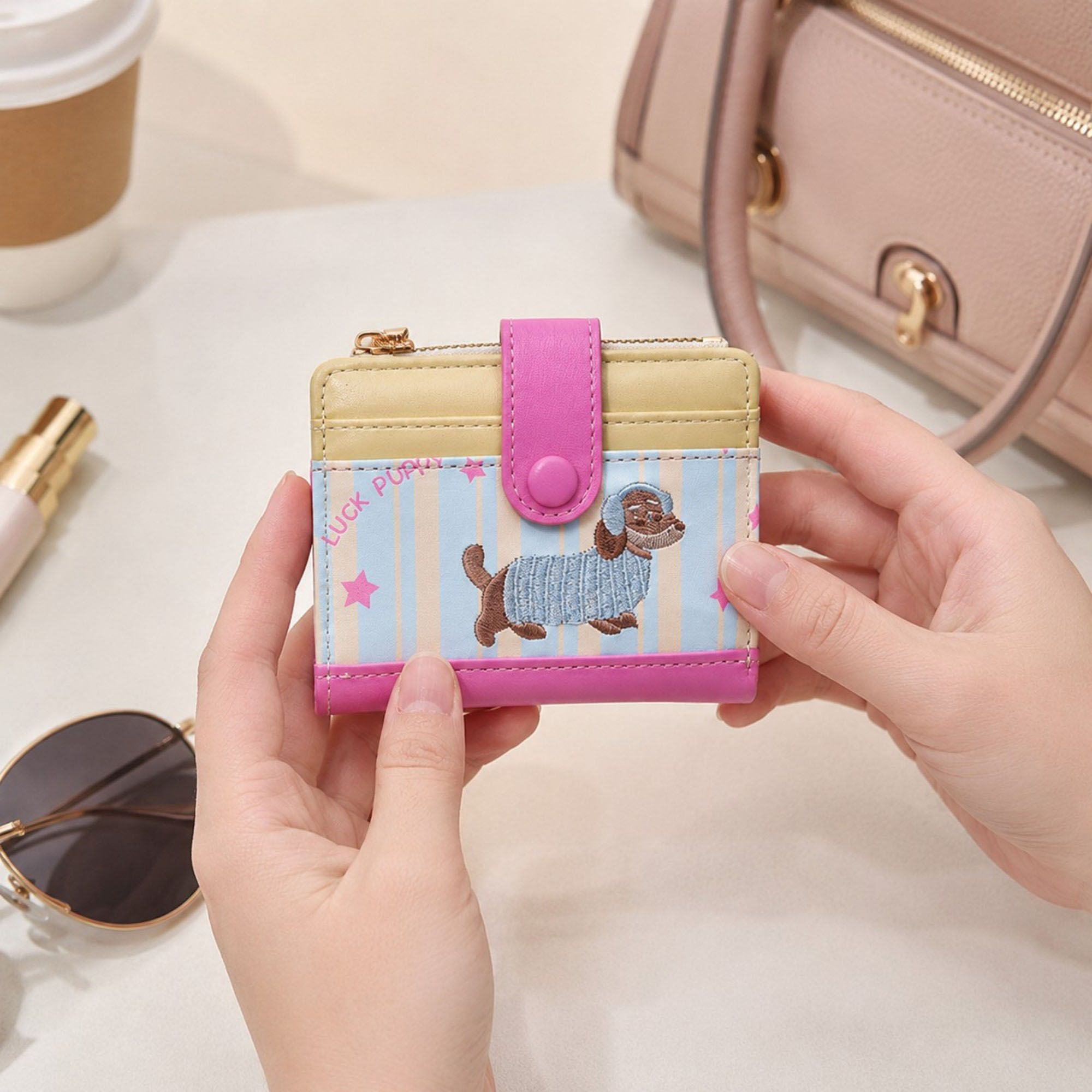 Compact Dachshund Print Bifold Wallet with Zipper Coin Pocket, Card Slots, Snap Closure and Bone Charm