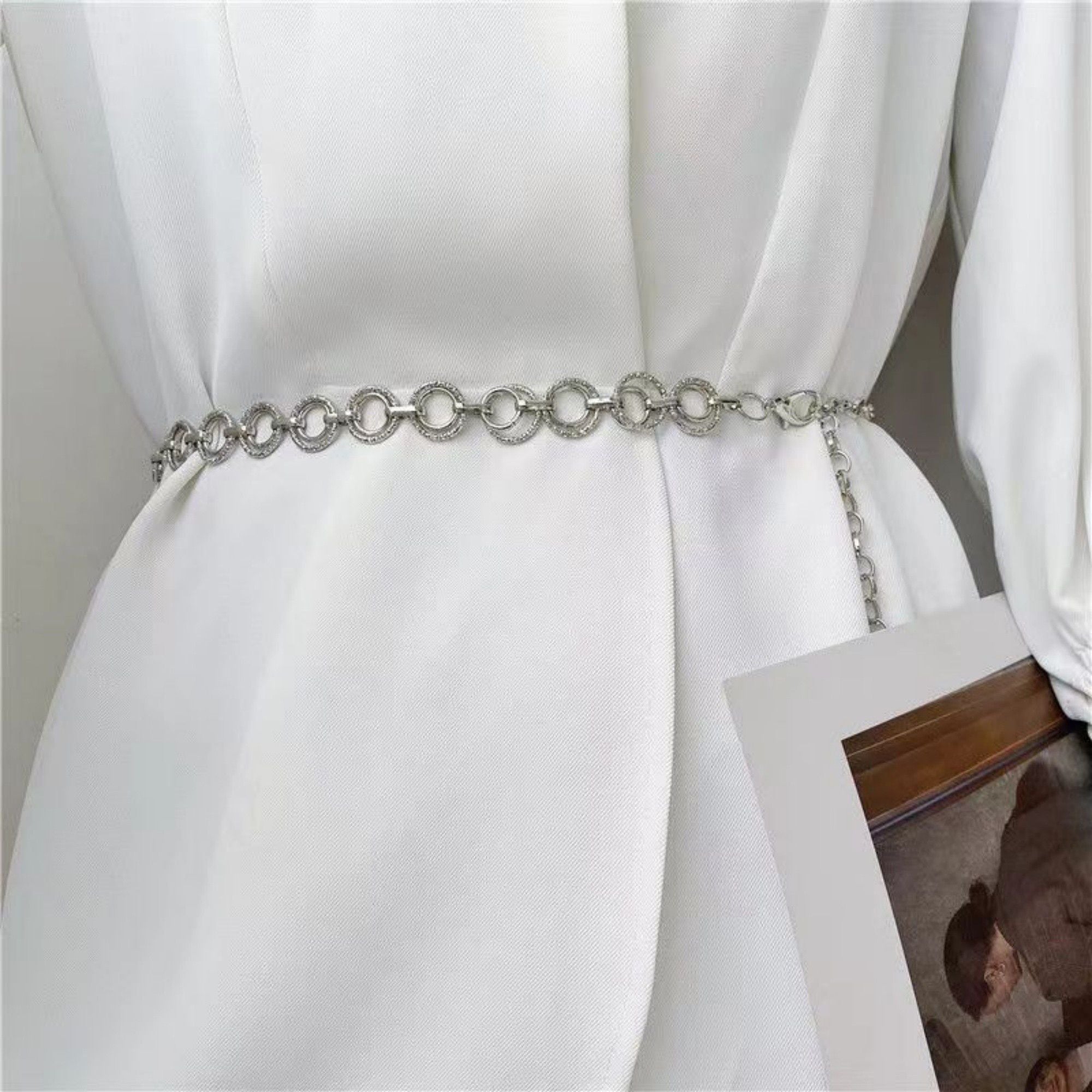 Anna-Kaci Women's Textured Circle Link Waist Chain Belt with Adjustable Fit and Dangling Charm Accent for Layered Stylish Detail 43x0.6in