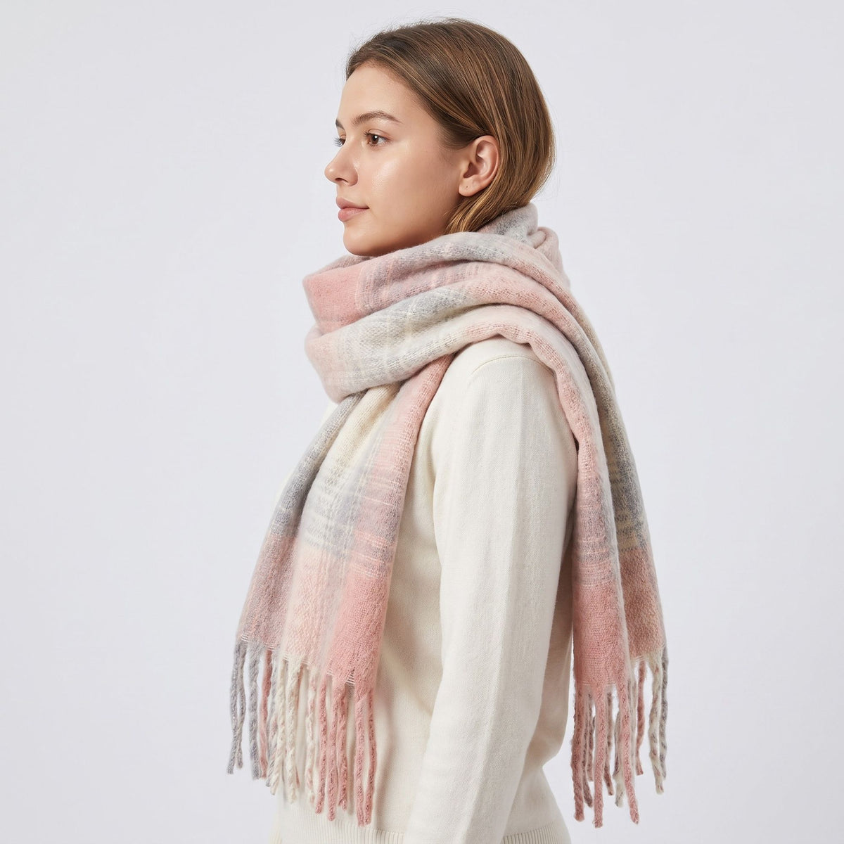 Oversized Plaid Scarf with Fringe Soft Brushed Winter Wrap