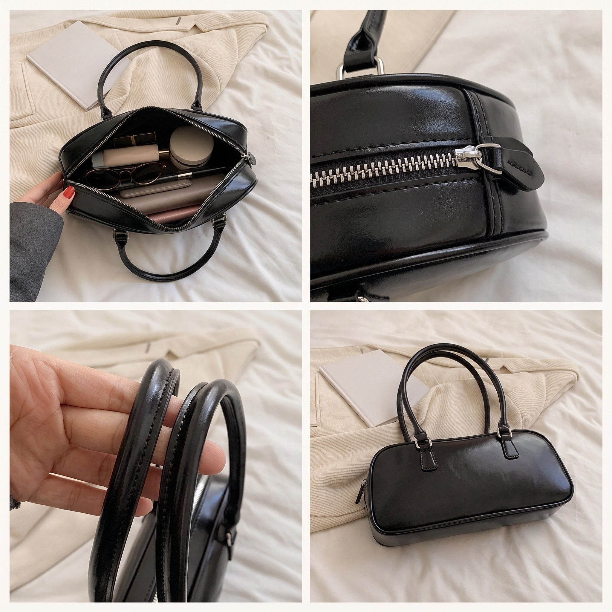 East West Faux Leather Bowler Shoulder Bag with Double Handles and Zip Closure