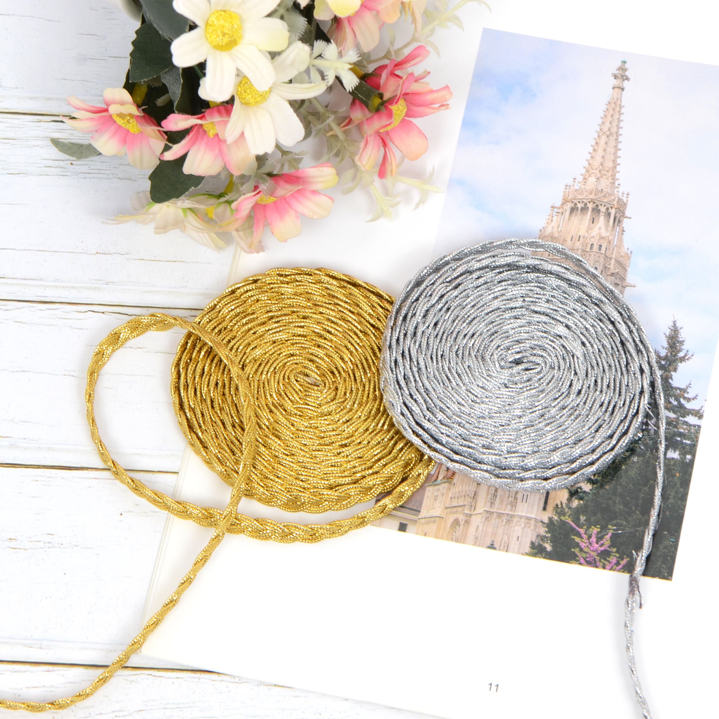 Gimp Braid Trim, 3 Yards 0.3 inch Metallic Woven Trim, Sewing DIY Craft Braid Ribbon for Hat Headband Costume Garment Decor Accessory