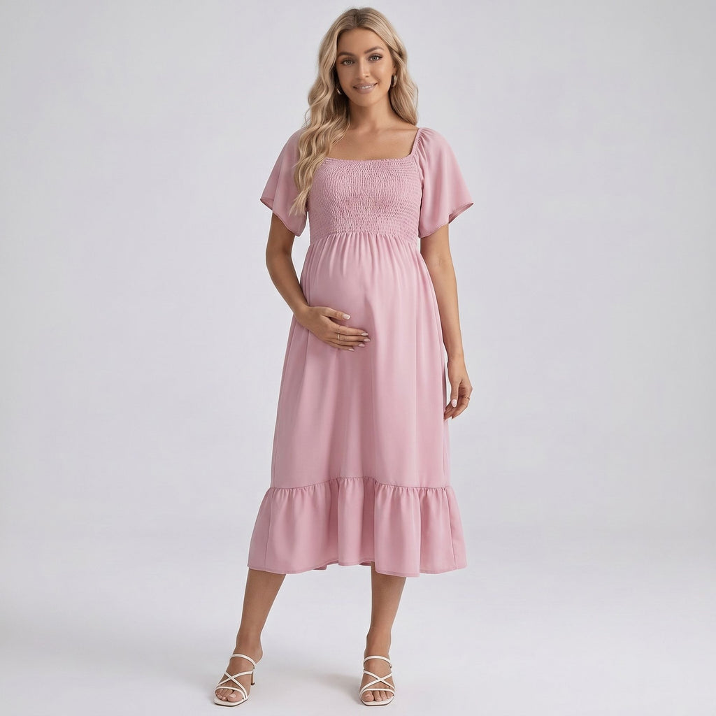 Maternity Off Shoulder Smocked Maxi Dress with Short Sleeves and Flowy Skirt