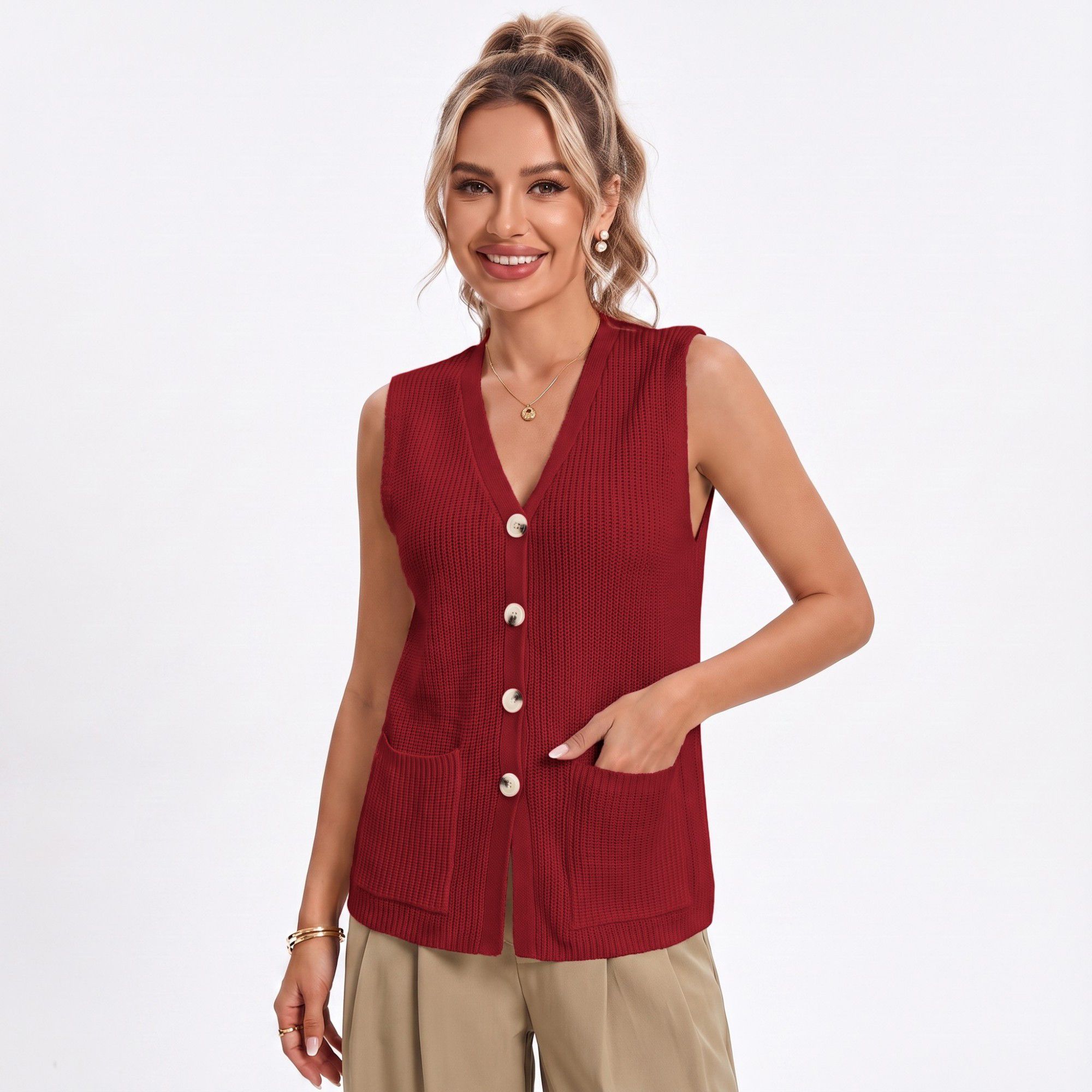 Anna-Kaci Women's Button Front Sweater Vest V Neck Sleeveless Knit Pocket Top