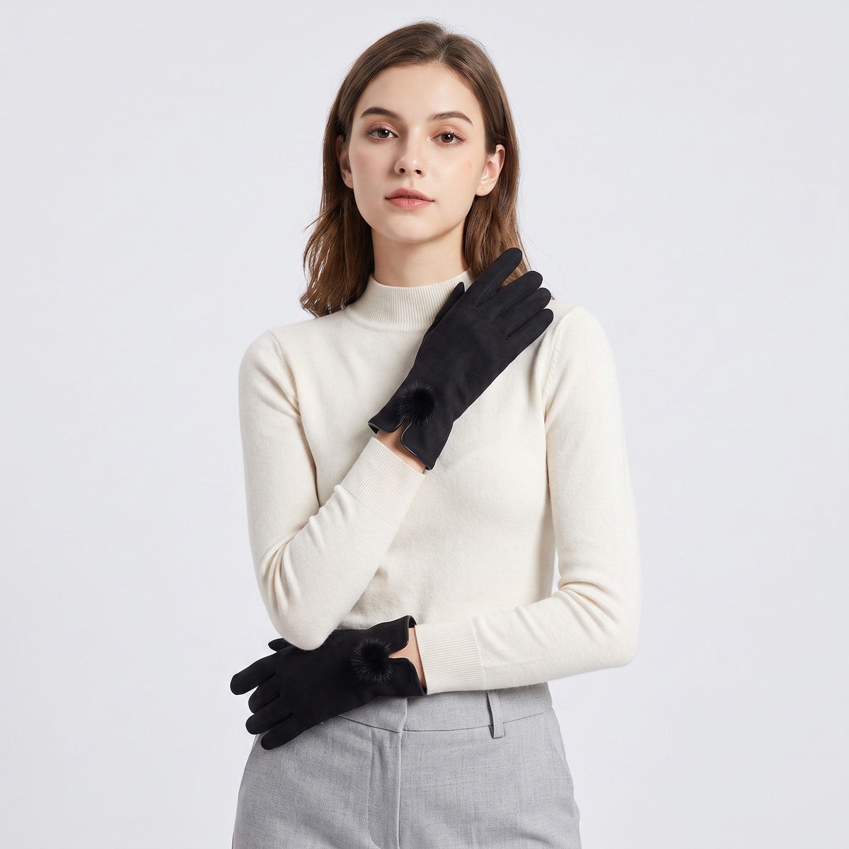 Pom Pom Detail Full Finger Gloves with Soft Textured Finish