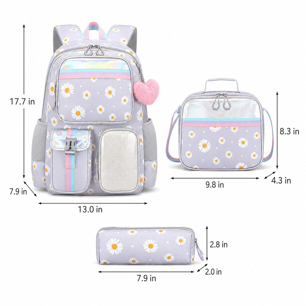 3pc Daisy Print School Backpack Lunch Bag Pencil Case Set