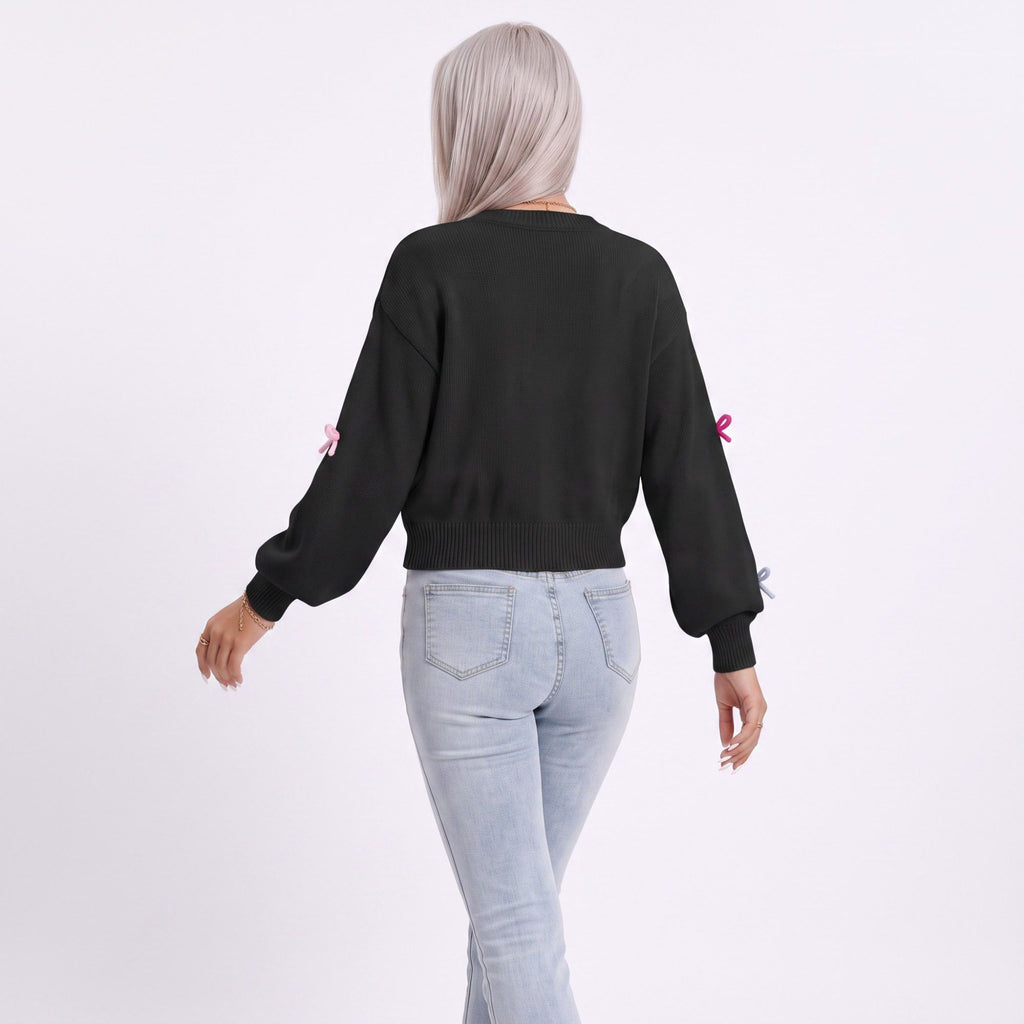 Colorful Bow Crew Neck Long Sleeve Knit Sweater