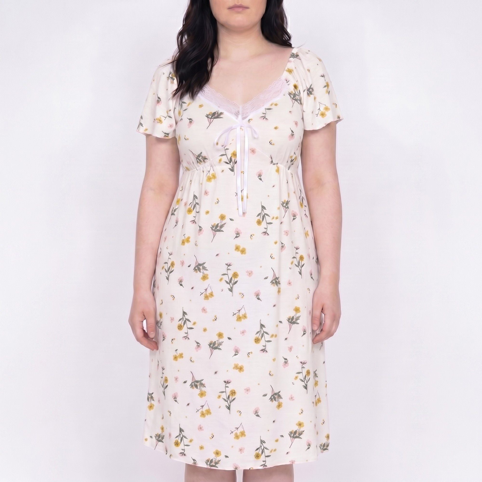 Floral Midi Nightgown Short Sleeve Lace Trim V-Neck Tie Front Sleep Dress