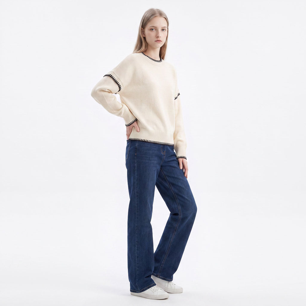 Contrast Stitch Crewneck Long Sleeve Knit Sweater