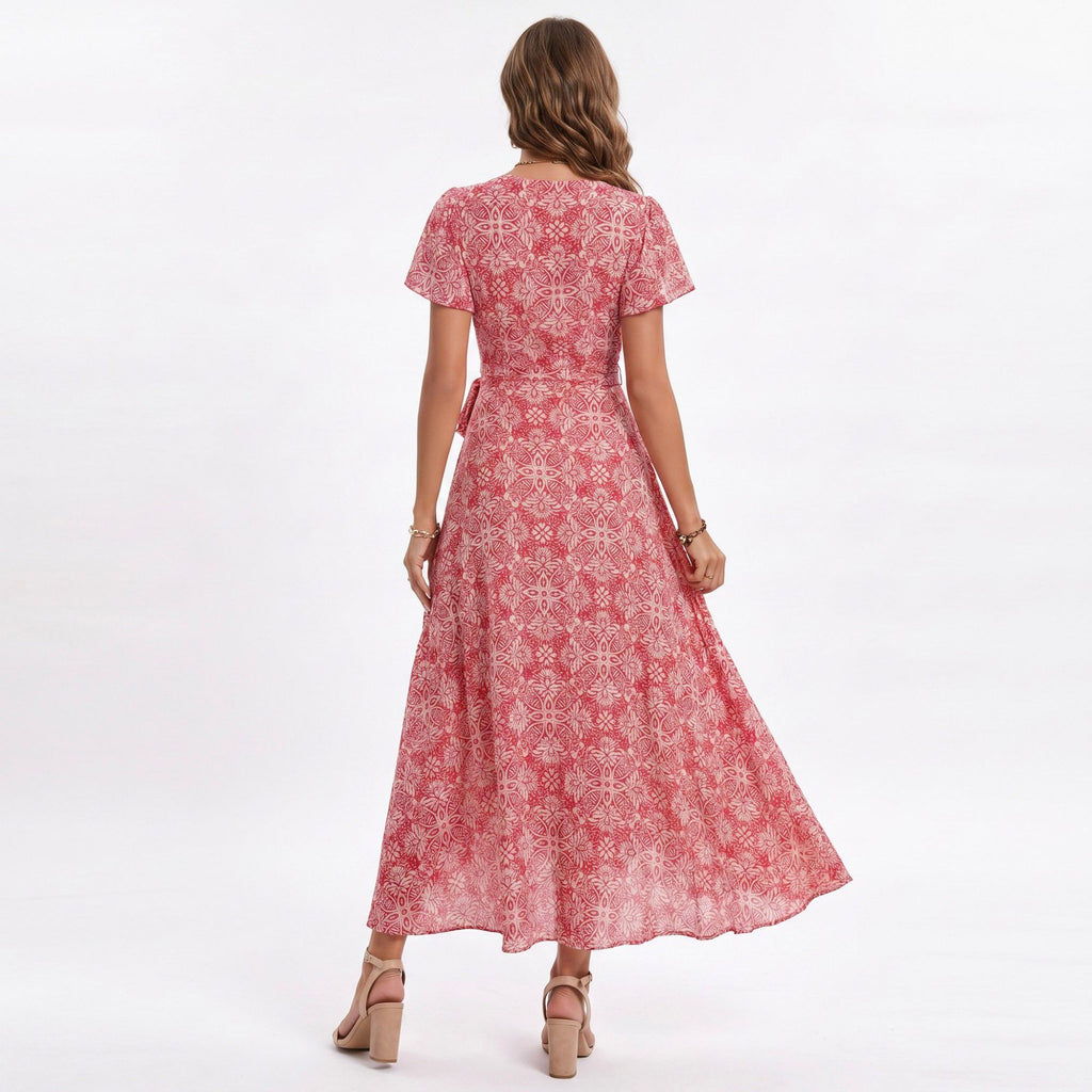 Floral Print Wrap Maxi Dress with V Neck Short Flutter Sleeves Tie Waist and Front Slit
