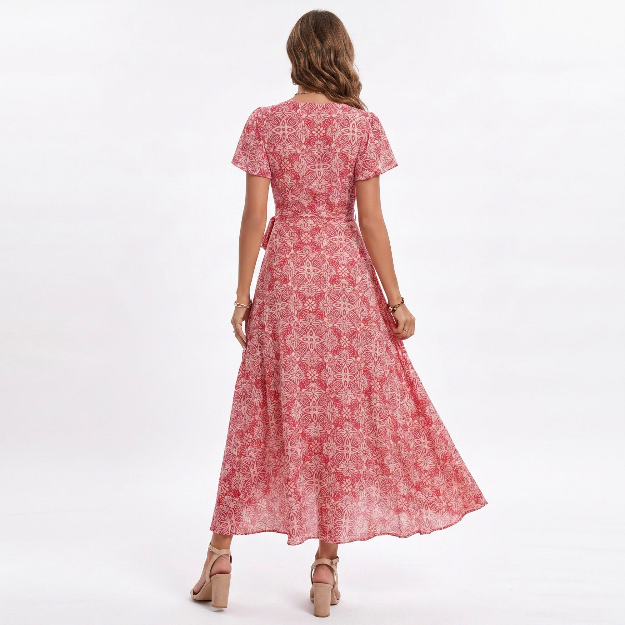 Floral Print Wrap Maxi Dress with V Neck Short Flutter Sleeves Tie Waist and Front Slit