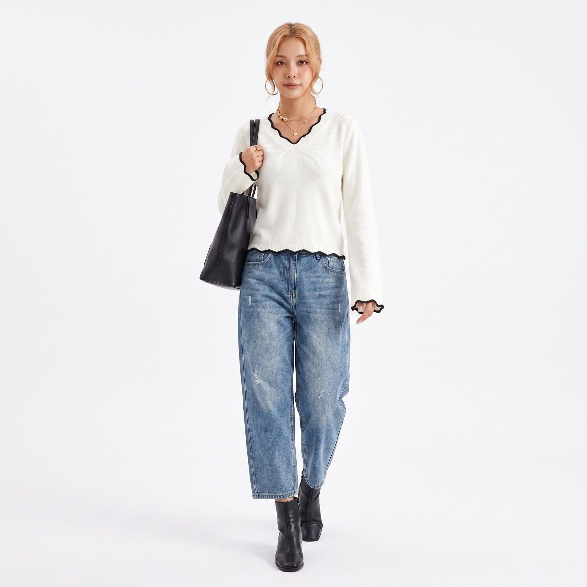 Contrast Trim V Neck Sweater Flare Sleeve Scalloped Hem Knit Pullover