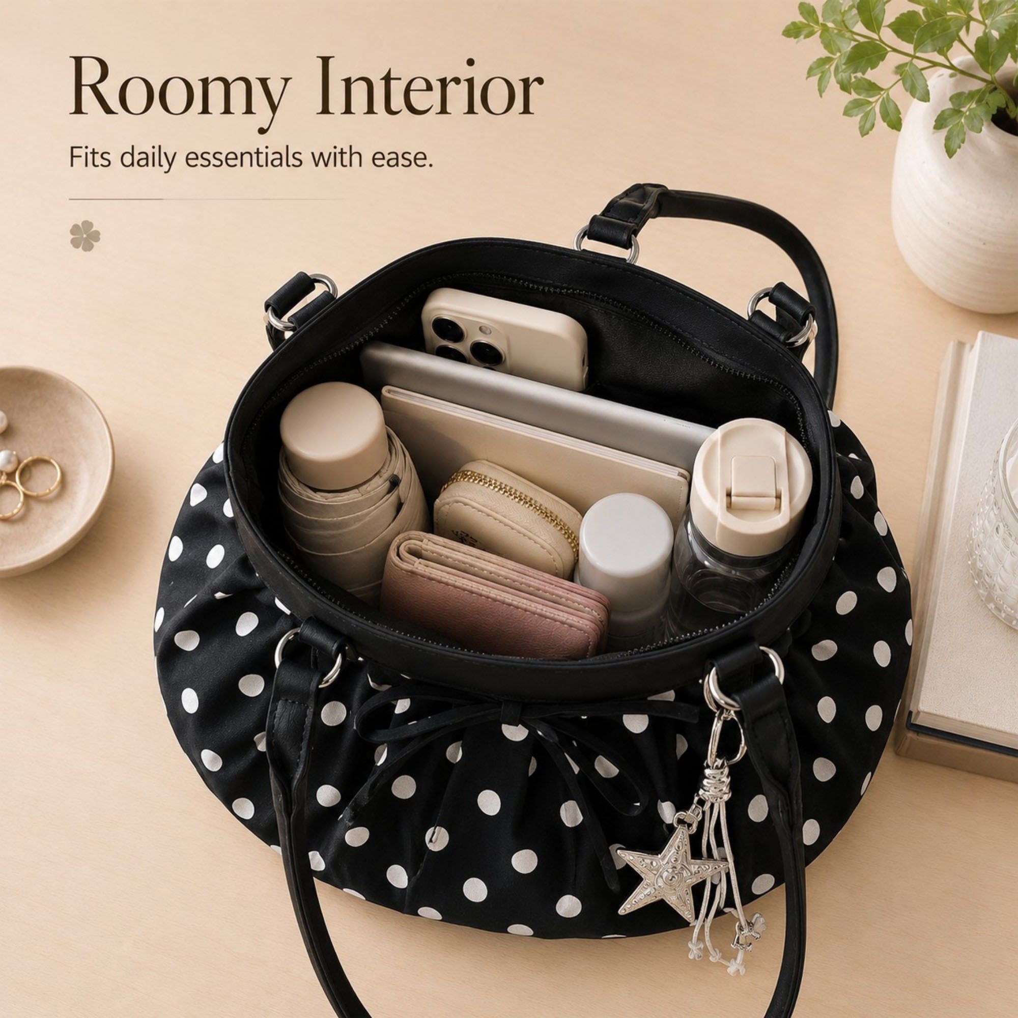 Polka Dot Ruched Shoulder Bag with Bow Detail and Metal Charm
