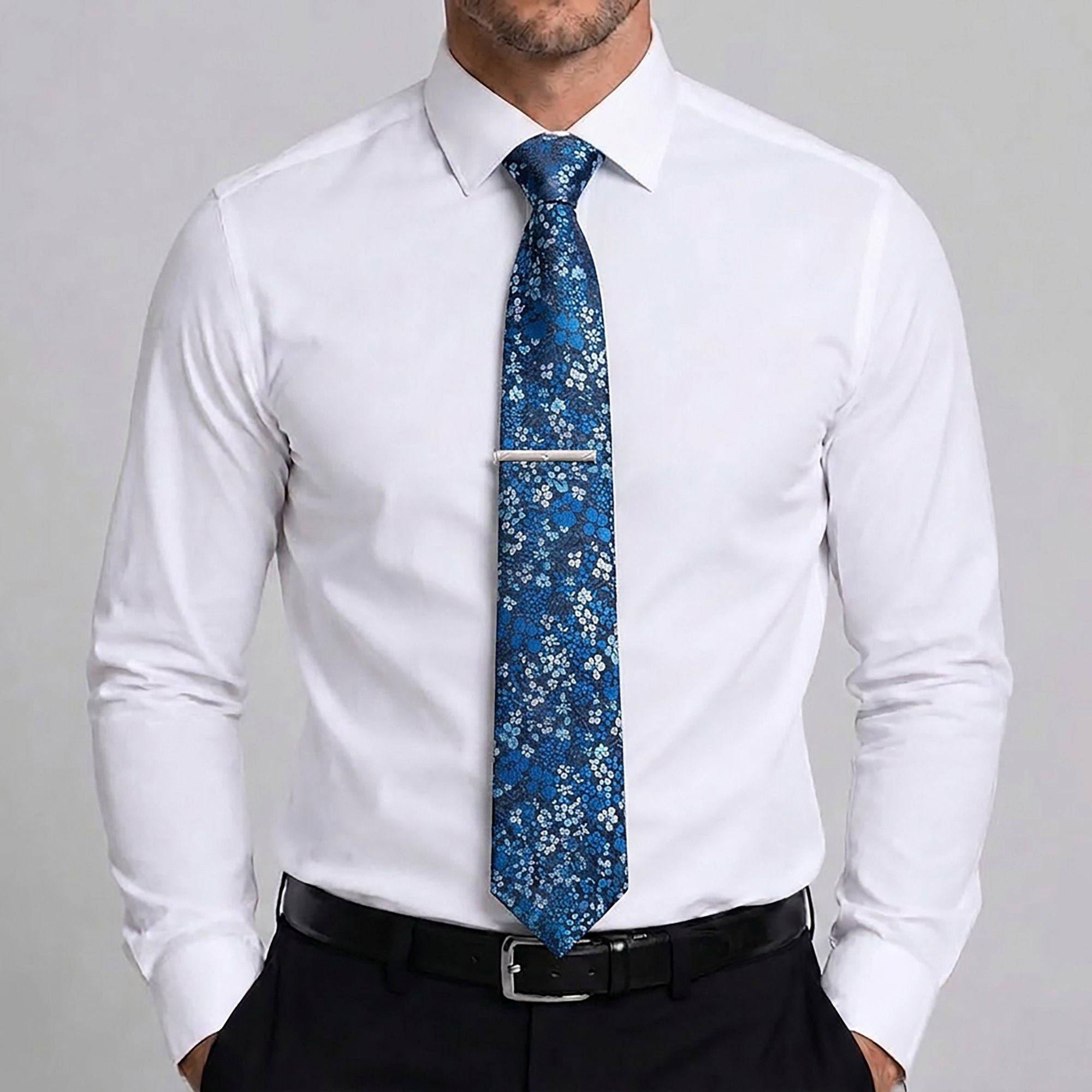 Men's Rose Floral Tie Gift Set with Matching Pocket Square Cufflinks and Silver Tie Clip