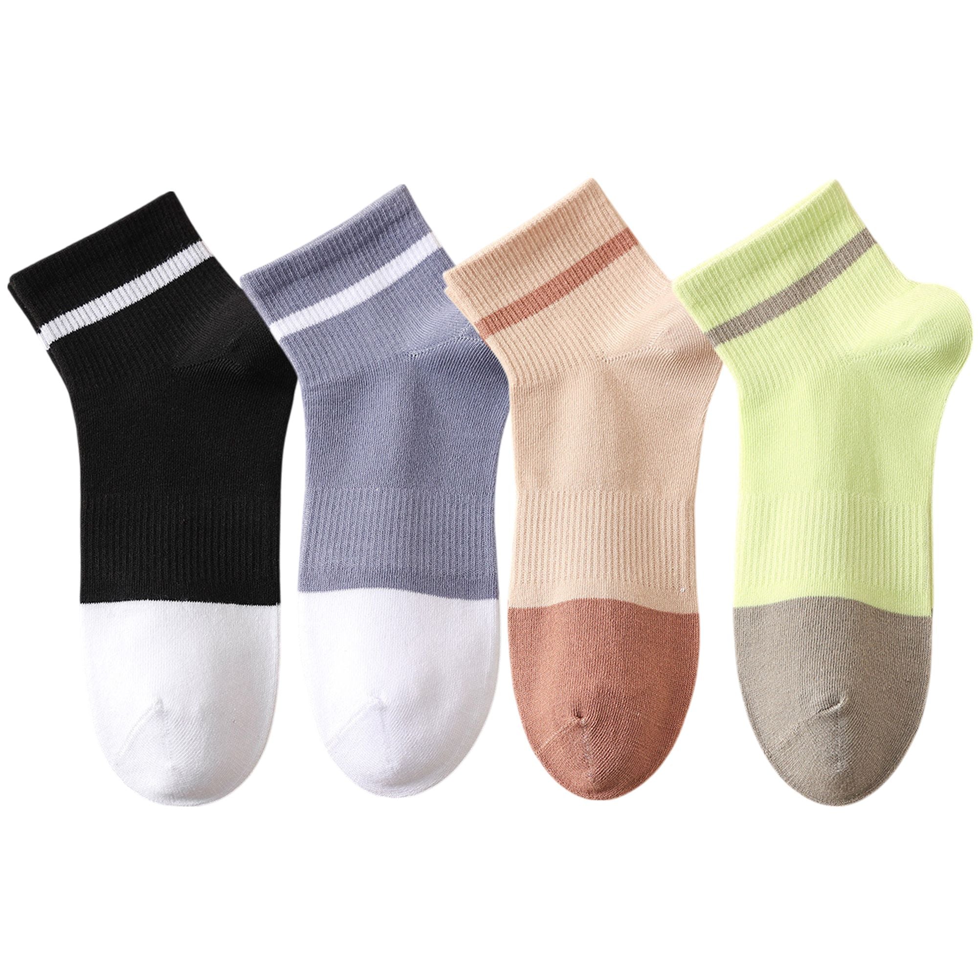 Anna-Kaci 4 Pairs Women's Seamless Cotton Ankle Socks Breathable Stretch Ribbed Cuff in Assorted Color Block Design