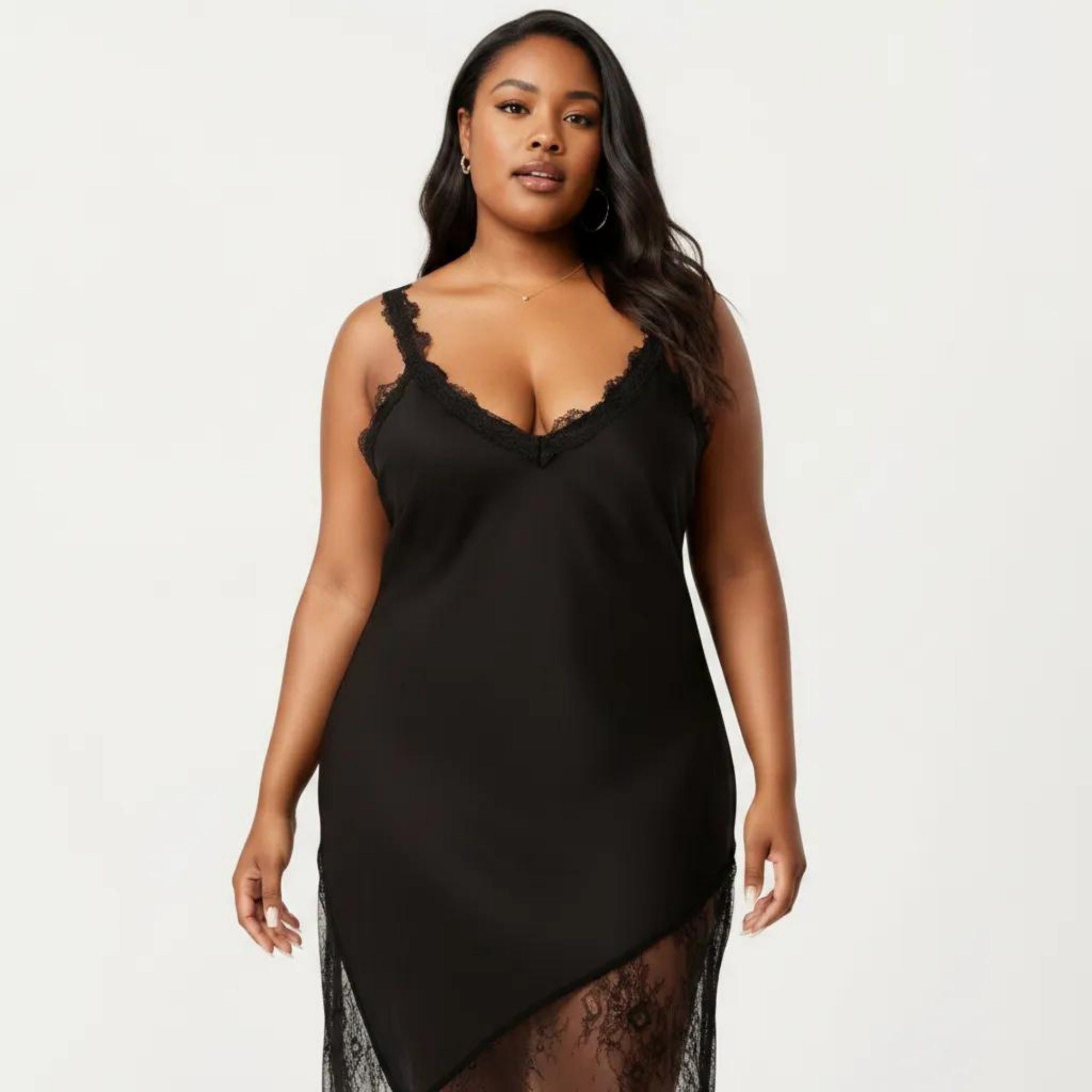 Anna-Kaci Lounge Women's Plus Size Lace Trim Slip Dress Asymmetrical Hem Sheer Mesh Nightgown Sleepwear