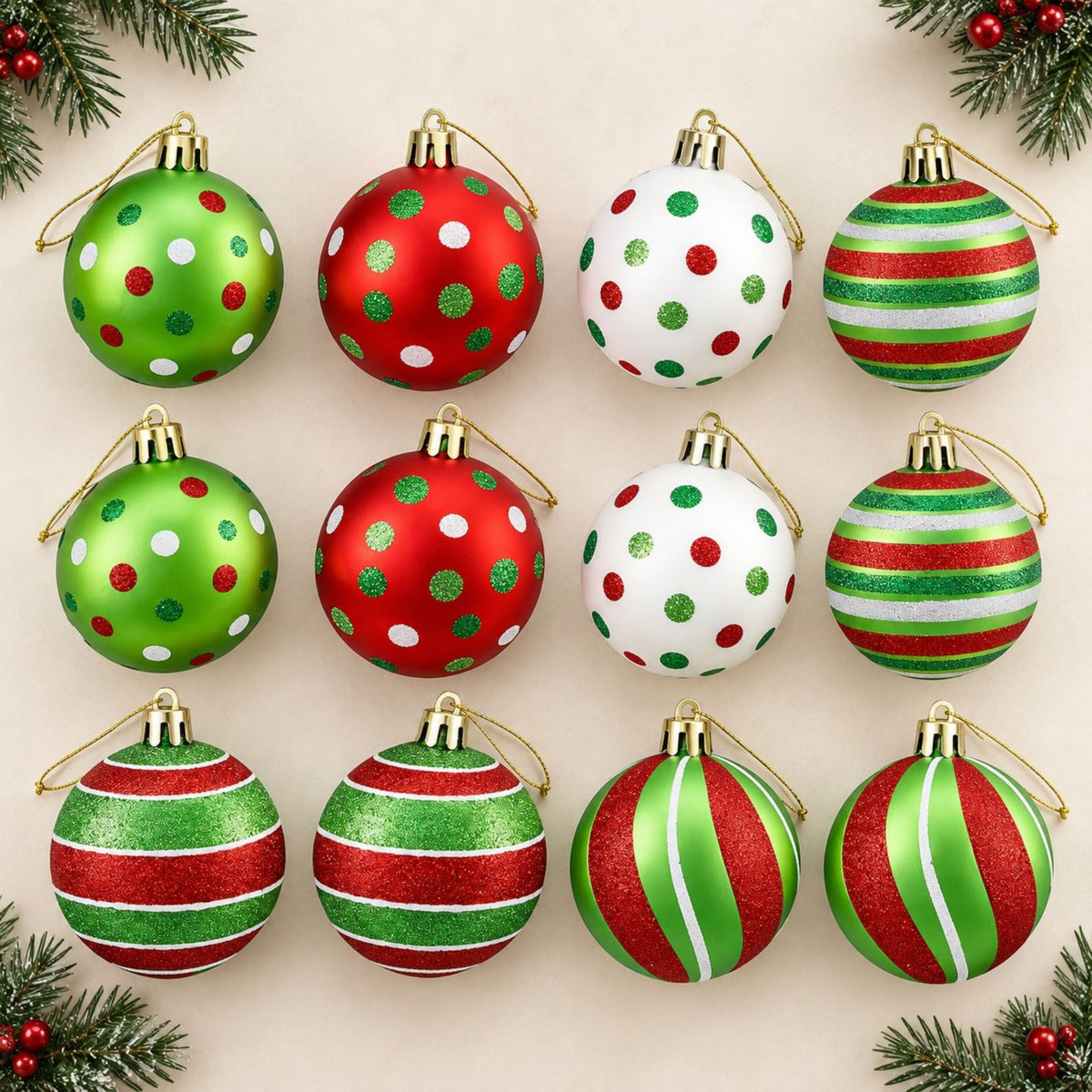 12ct Striped and Polka Dot Christmas Ball Ornament Set Red Green and White
