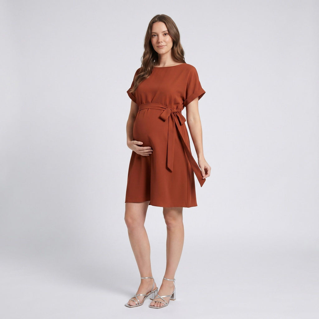 Anna-Kaci Women's Maternity Short Sleeve Dress with Tie Waist and Relaxed A-Line Fit