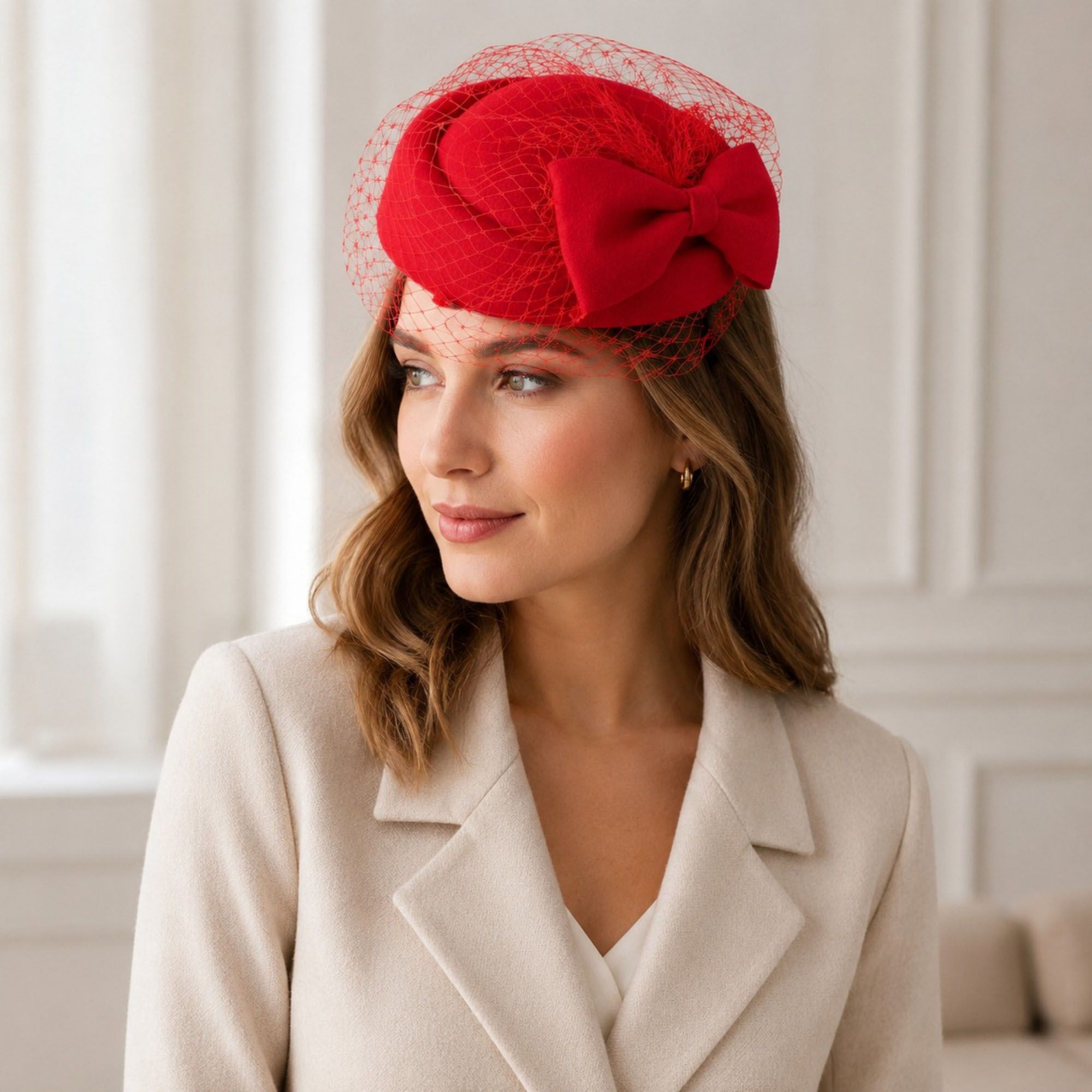 Bow Pillbox Fascinator Hat with Birdcage Veil