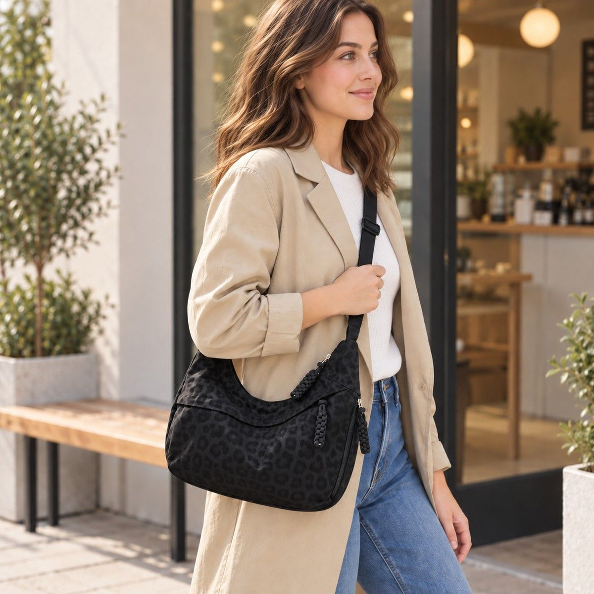 Leopard Faux Suede Hobo Crossbody Bag with Adjustable Strap and Zip Closure