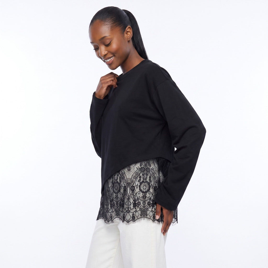 Asymmetrical Lace Hem Long Sleeve Top