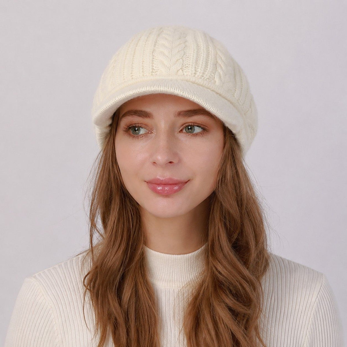Cable Knit Brim Beanie Faux Fur Lined Warm Winter Hat