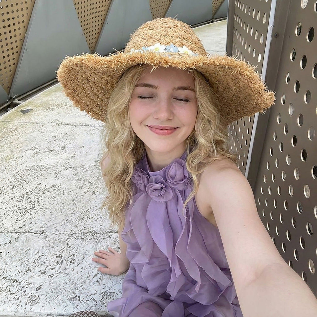 Braided Straw Sun Hat with Floral Applique Trim and Fringe Brim Design