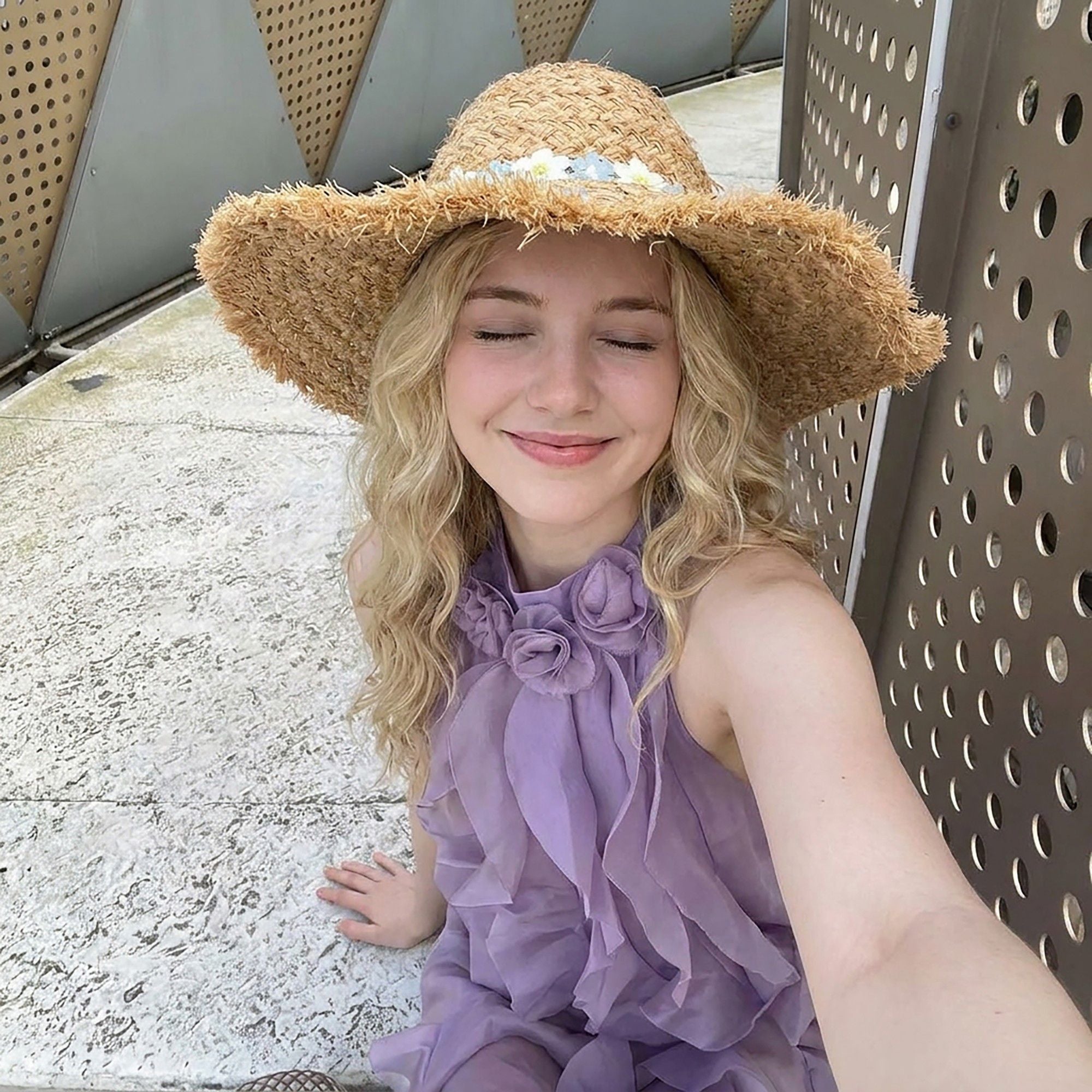 Braided Straw Sun Hat with Floral Applique Trim and Fringe Brim Design