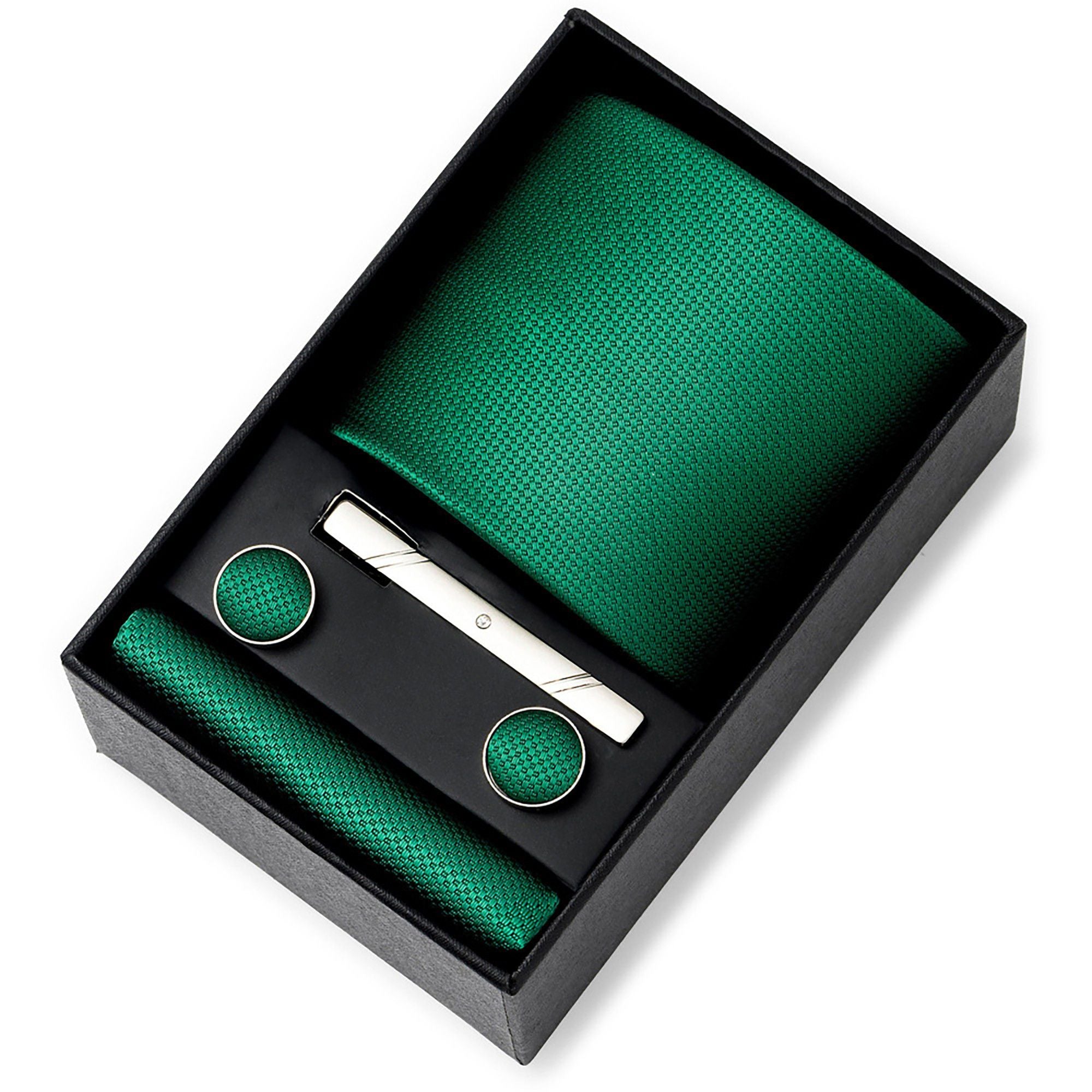 Men's Textured Solid Color Tie Gift Set with Matching Pocket Square Cufflinks and Silver Tie Clip