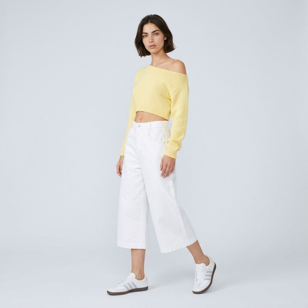 High-Waisted Cropped Wide-Leg Denim Trousers
