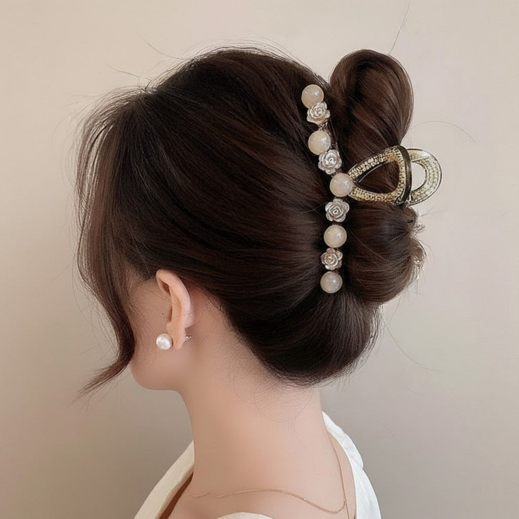 Beaded Flower Metal Hair Claw Clip with Curved Design and Textured Accents