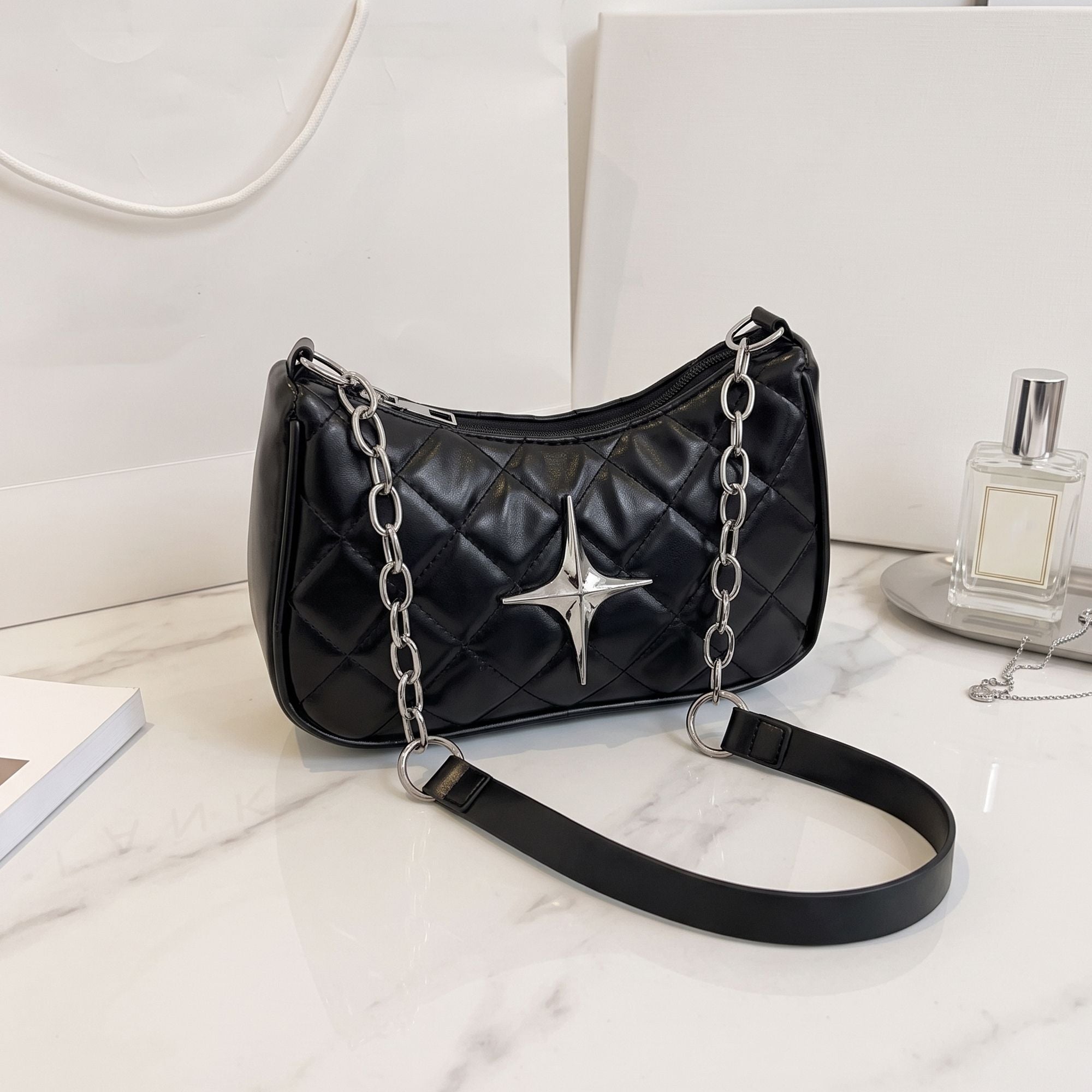 Quilted Shoulder Bag with Chain Strap and Star Accent