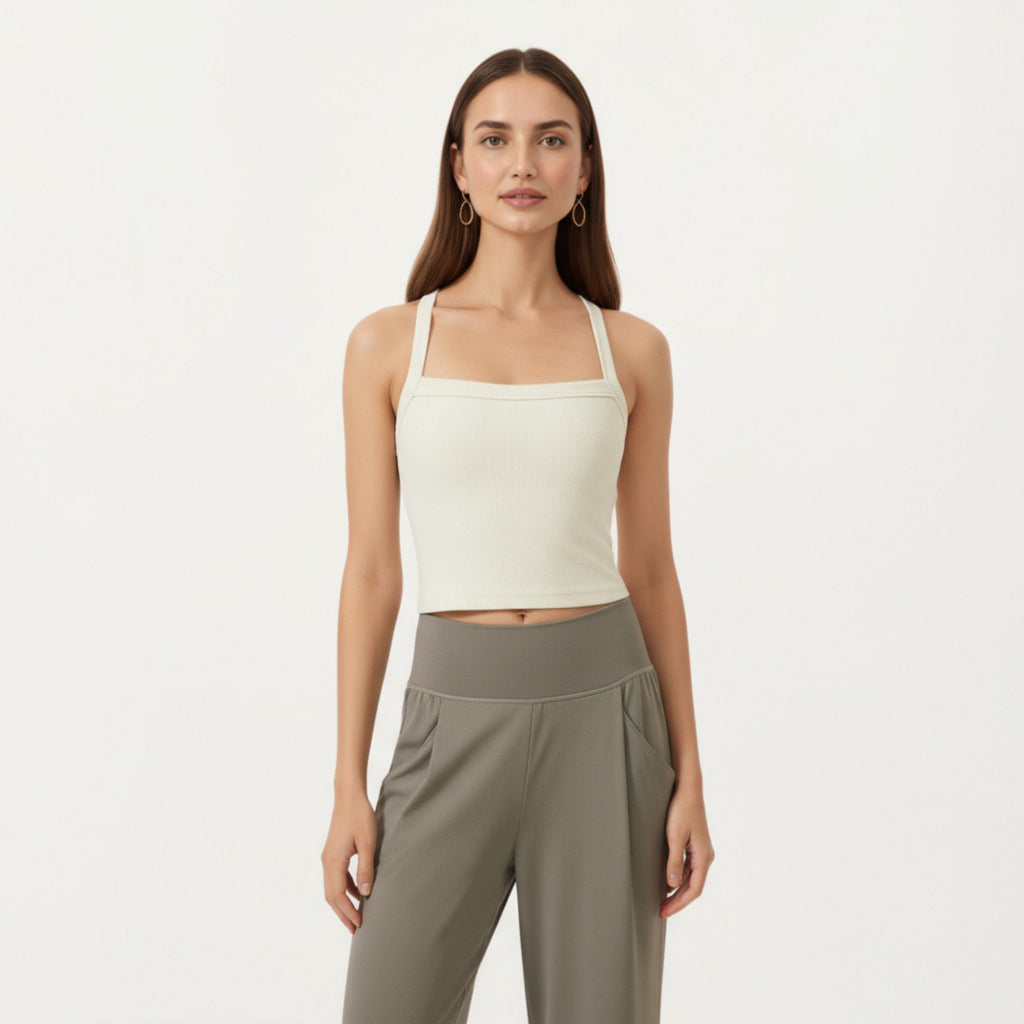 Anna-Kaci Active Women's Square Neck Ribbed Knit Cropped Tank Top with Wide Shoulder Straps