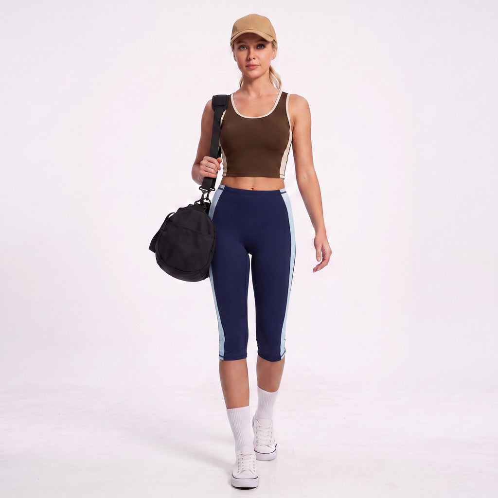 Colorblock High Waist Capri Leggings Fitted Cropped Yoga Pants for Running Gym Training