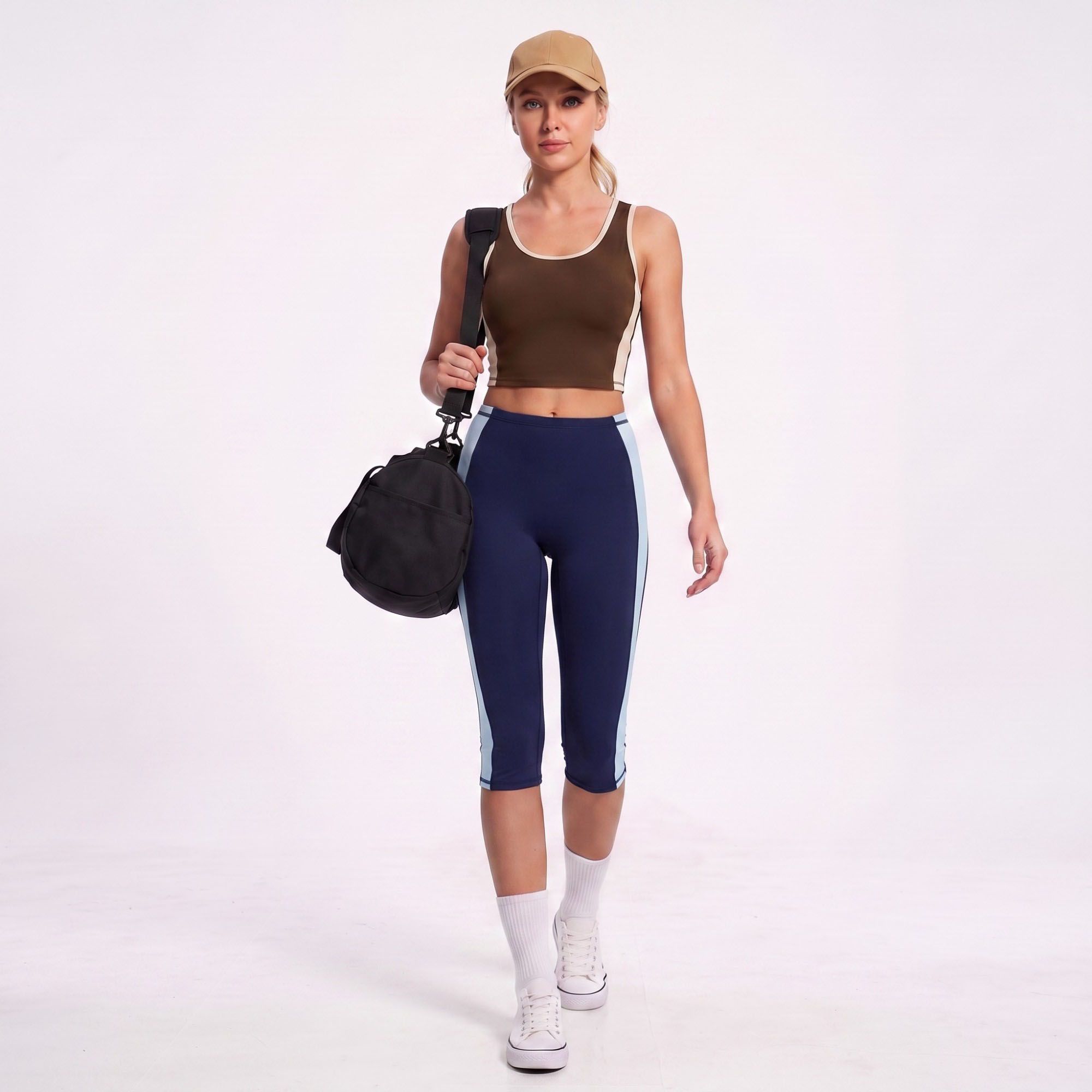 Colorblock High Waist Capri Leggings Fitted Cropped Yoga Pants for Running Gym Training