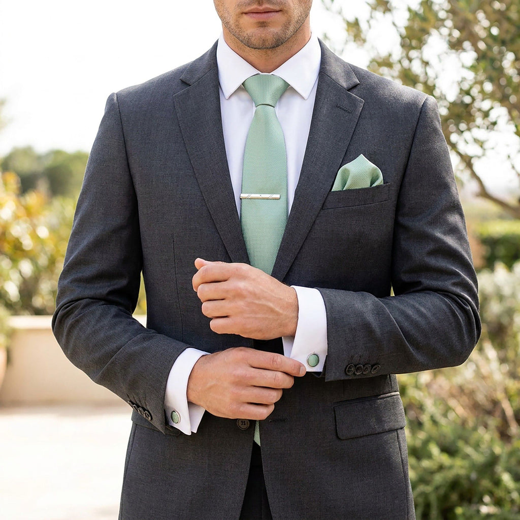 Men's Textured Solid Color Tie Gift Set with Matching Pocket Square Cufflinks and Silver Tie Clip