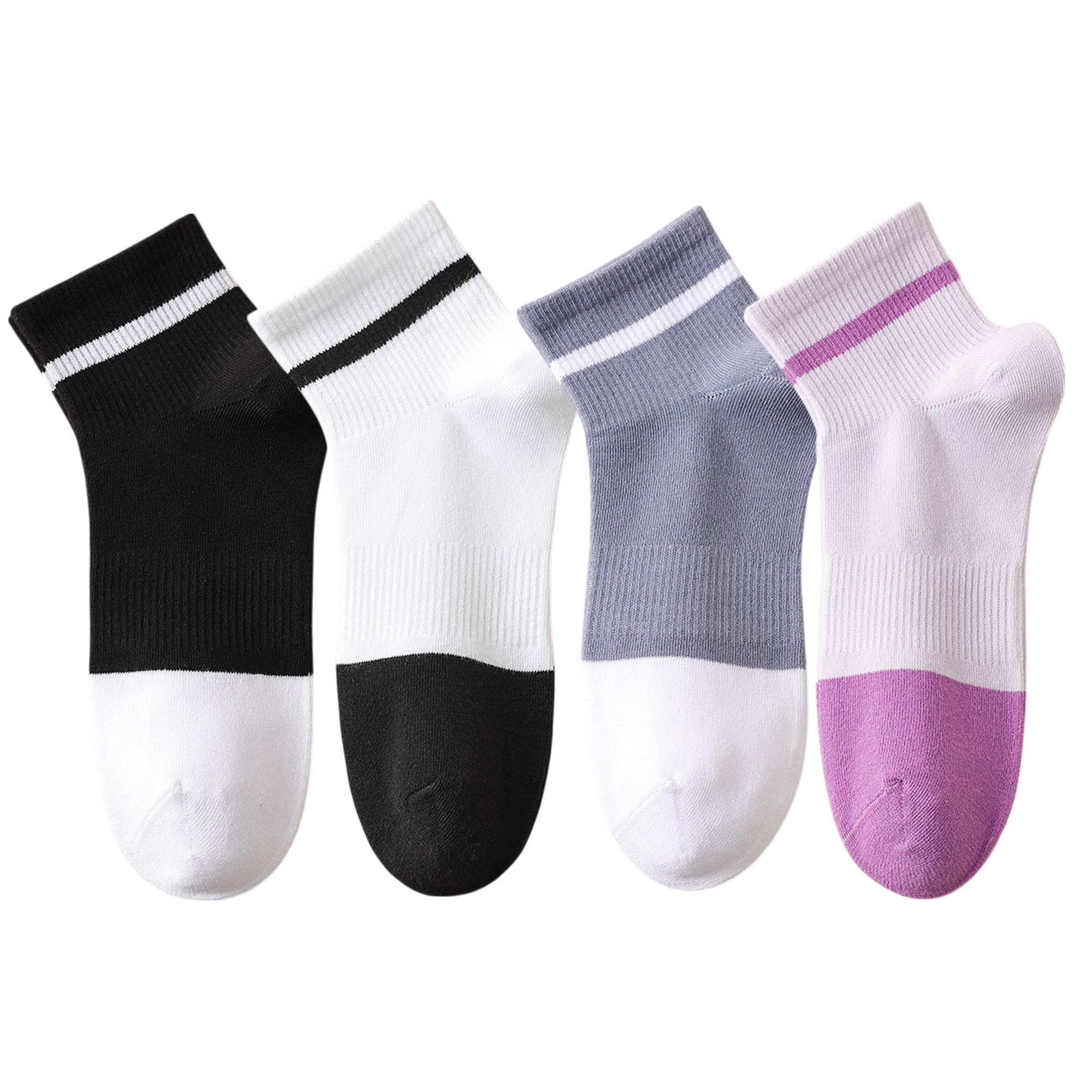 Anna-Kaci 4 Pairs Women's Seamless Cotton Ankle Socks Breathable Stretch Ribbed Cuff in Assorted Color Block Design