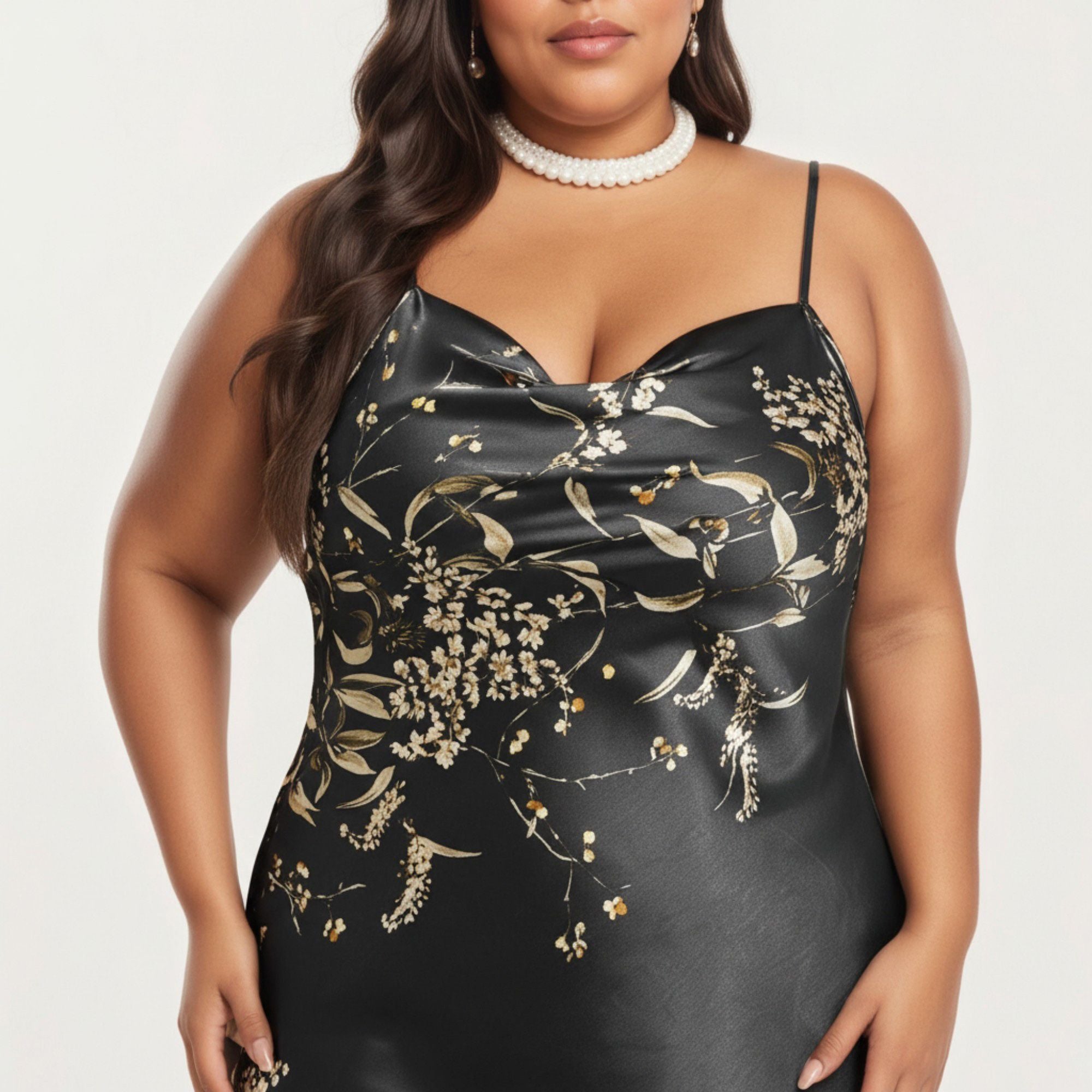 Anna-Kaci Lounge Women's Plus Size Satin Floral Slip Nightgown with Adjustable Spaghetti Straps Cowl Neck Midi Length Sleepwear Dress
