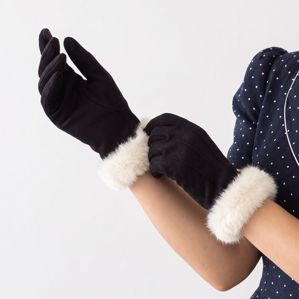 Faux Fur Cuff Full Finger Gloves with Soft Suede Like Finish