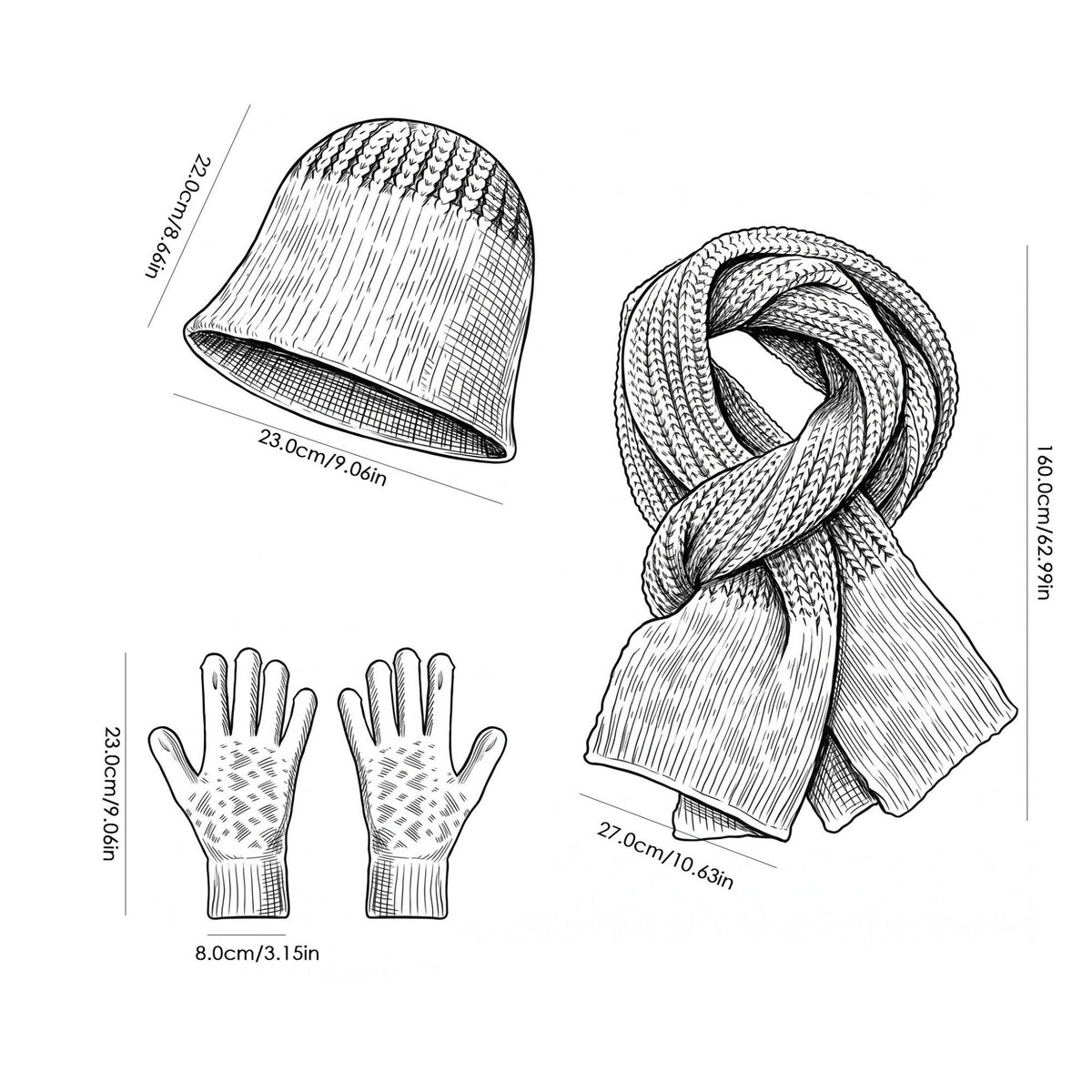3 Piece Knit Winter Hat Scarf and Gloves Set with Geometric Pattern